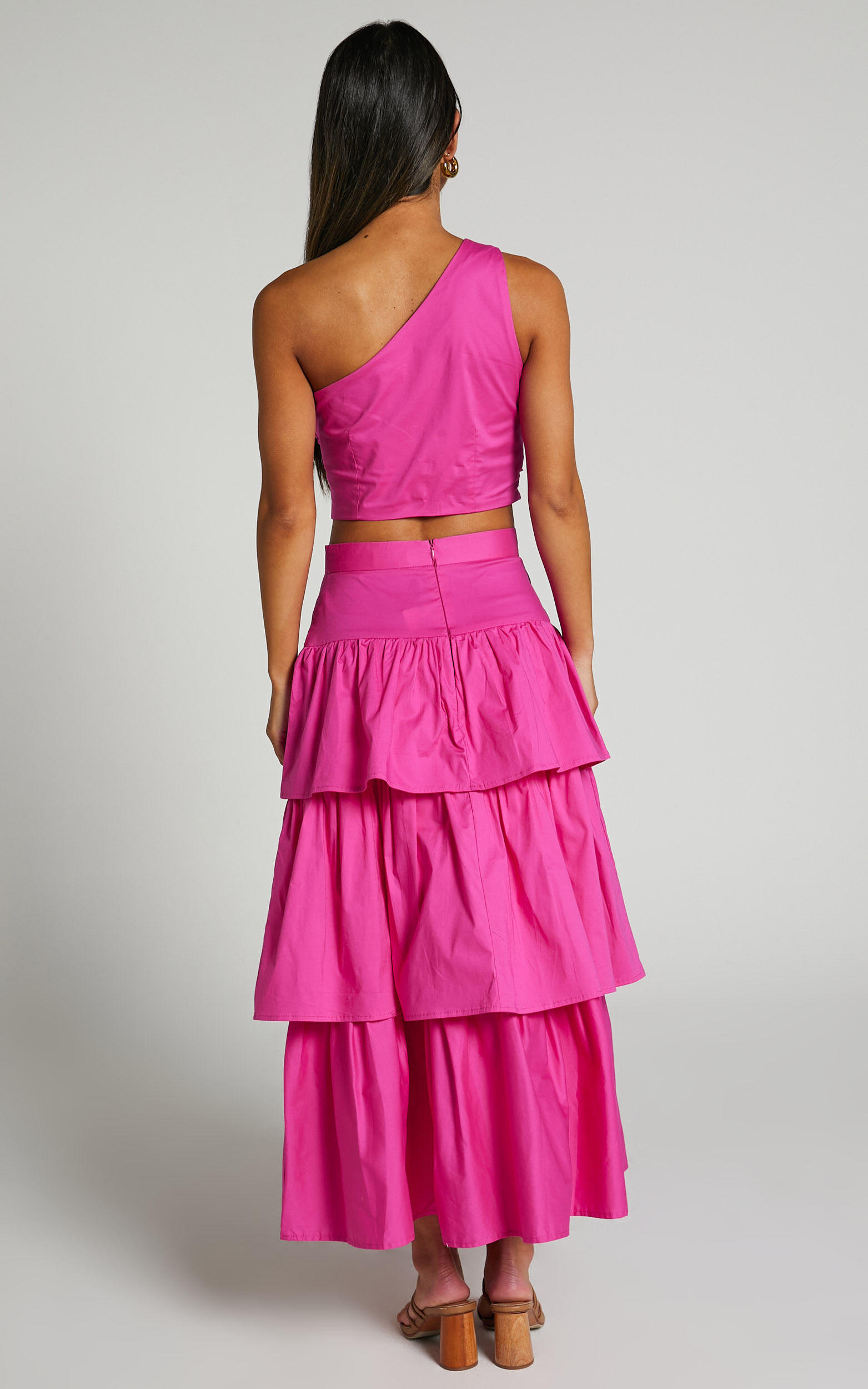 Kaycie Two Piece Set - One Shoulder Asymmetrical Ruched Top and Tiered Midi Skirt Set in Pink
