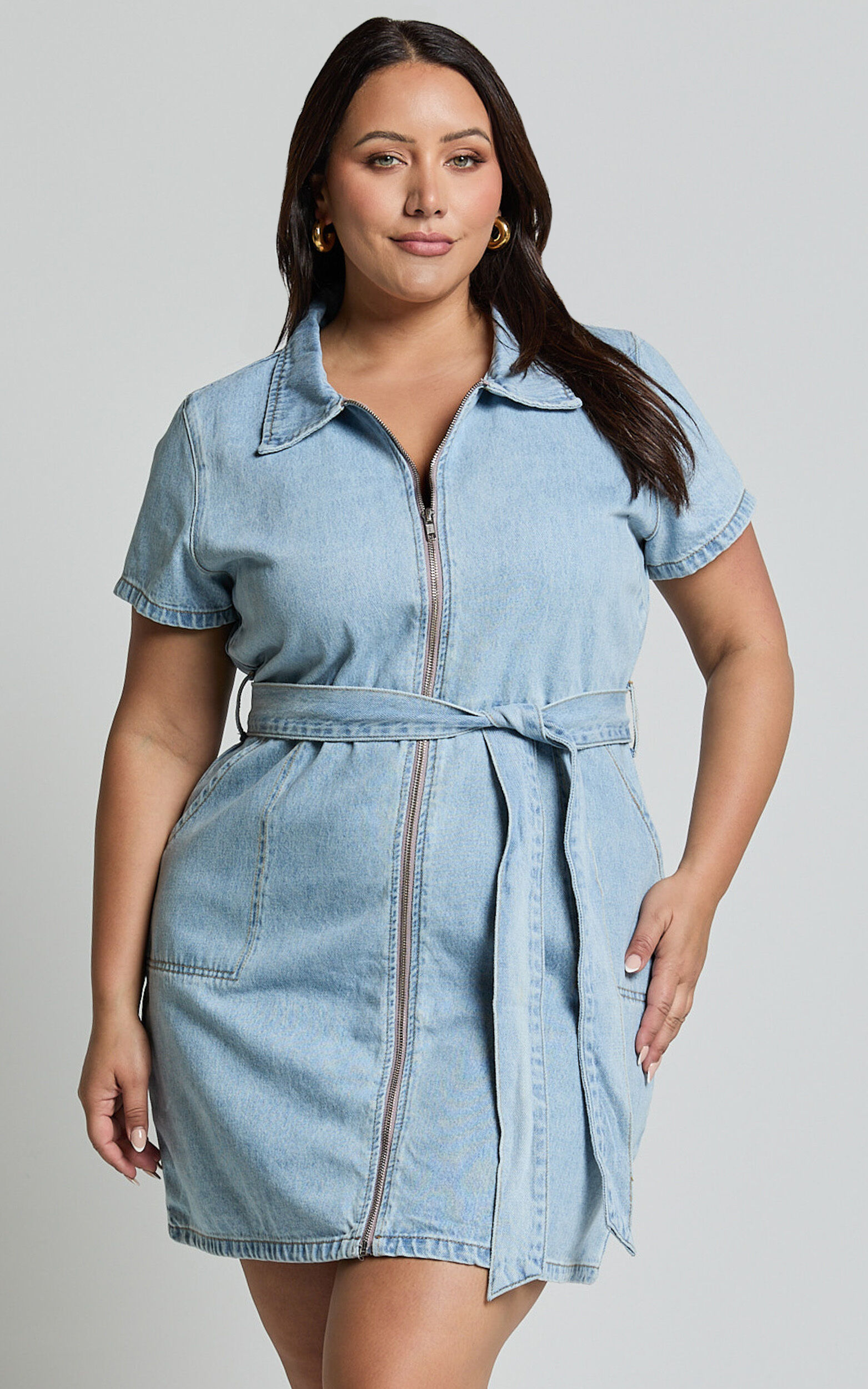 Nandini Mini Dress - Zip Through Denim Dress in Light Blue Wash