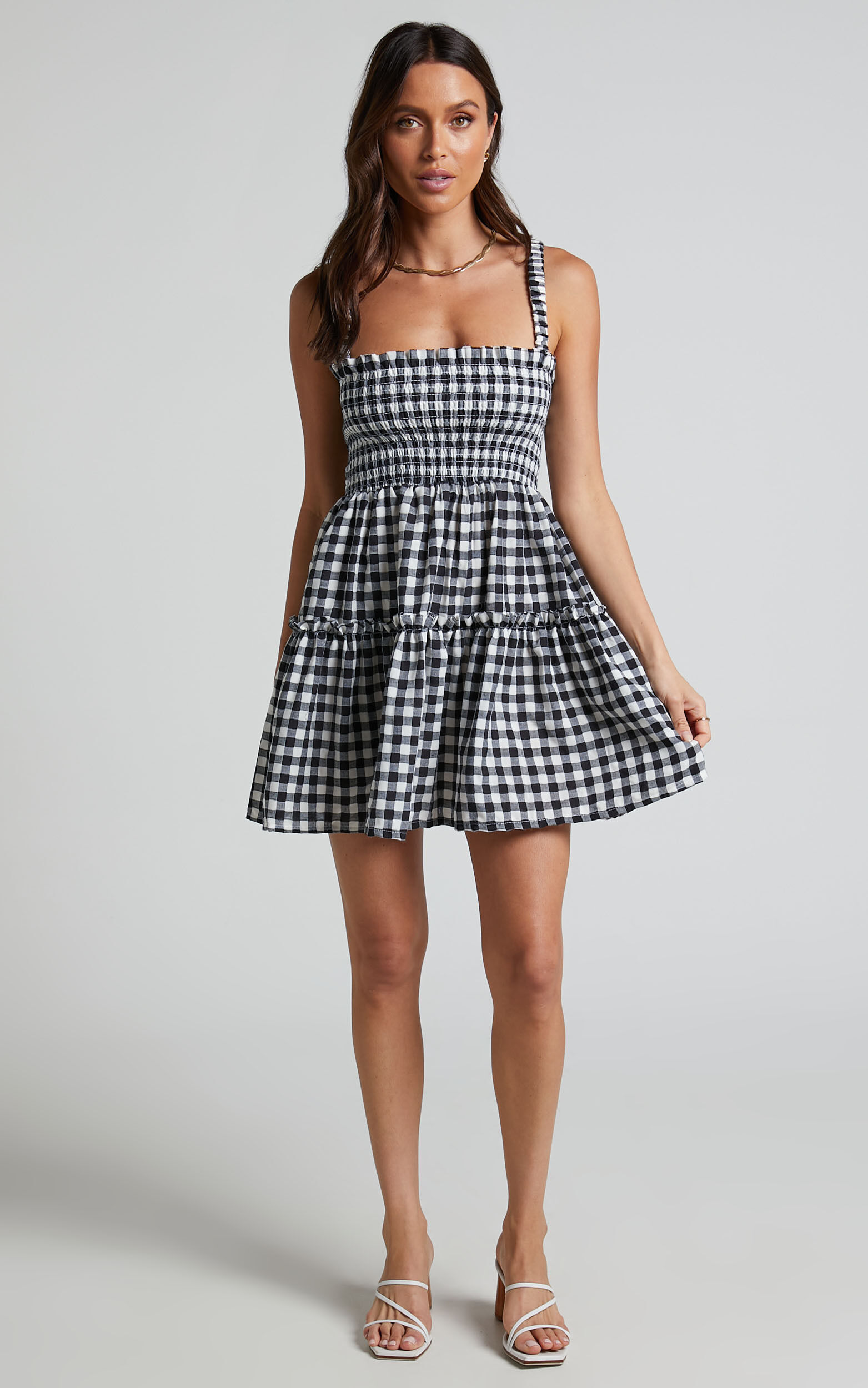 Wilda Mini Dress - Shirred Tiered Dress in Black and White Check