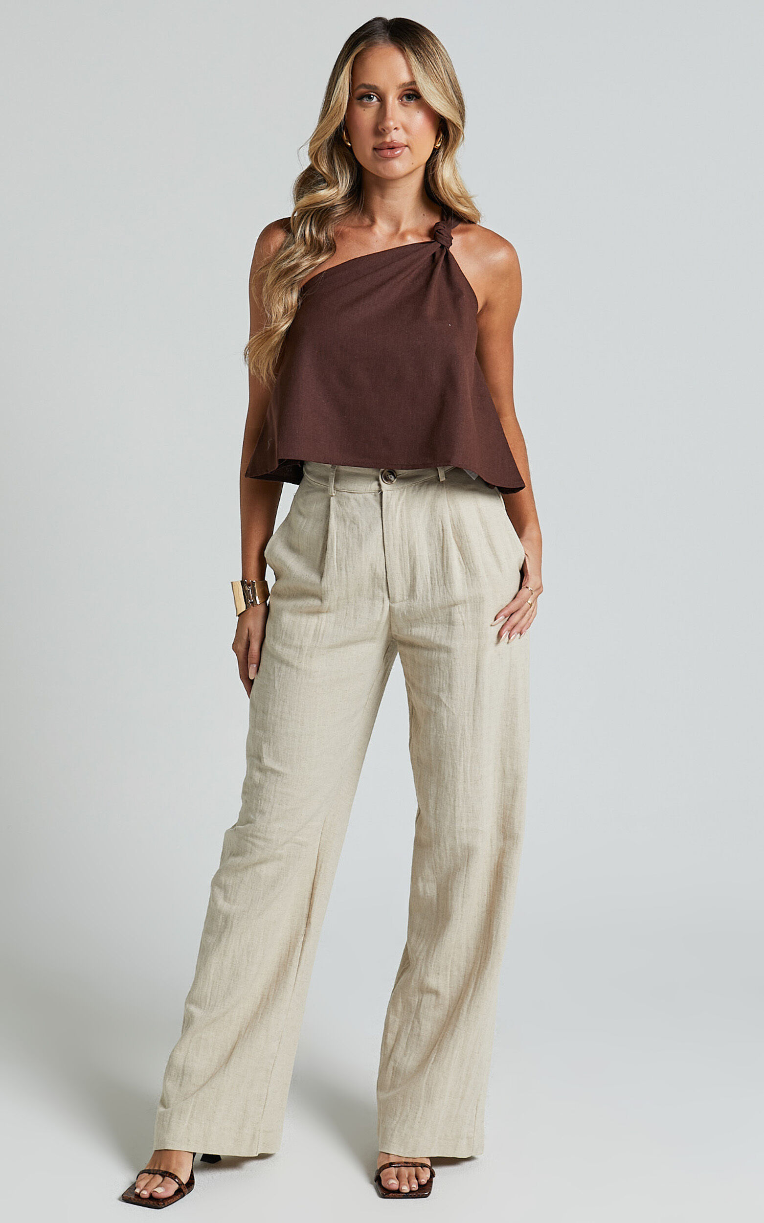 Analia Top - Linen Look One Shoulder Knot Detail Top in Chocolate