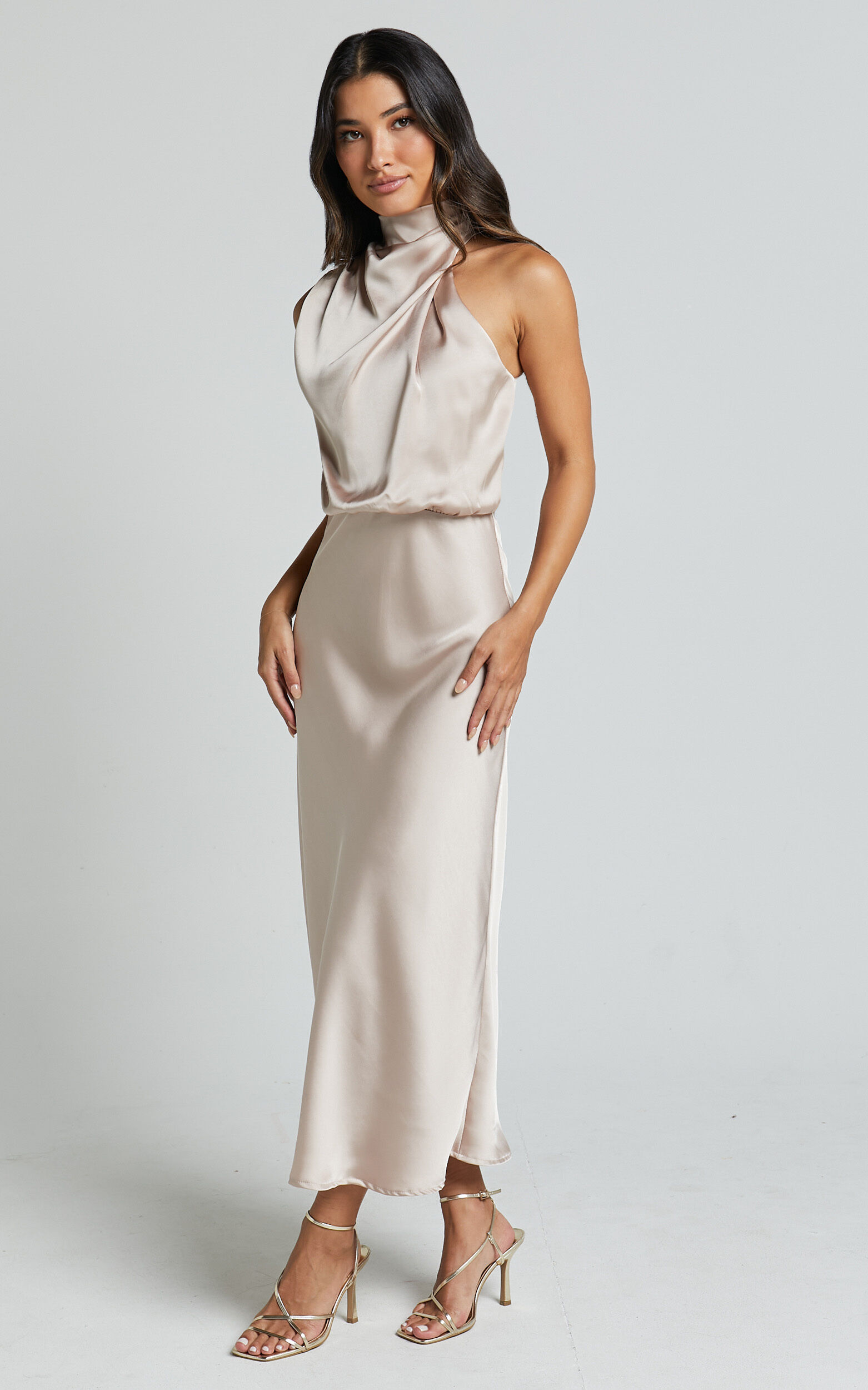 Minnie Midi Dress - Drape Neck Satin Slip Dress in Champagne