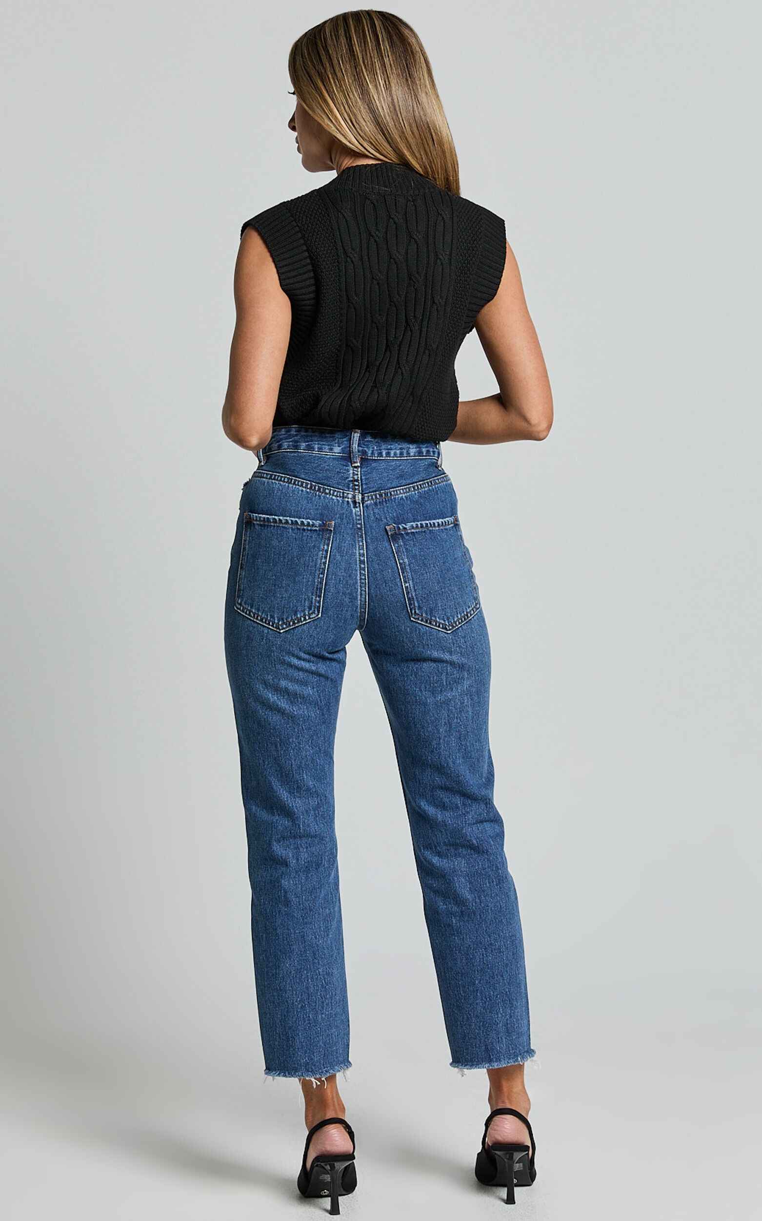 Zelrio Jeans - High Waisted Recycled Cotton Cropped Denim Jeans in Dark Blue Wash