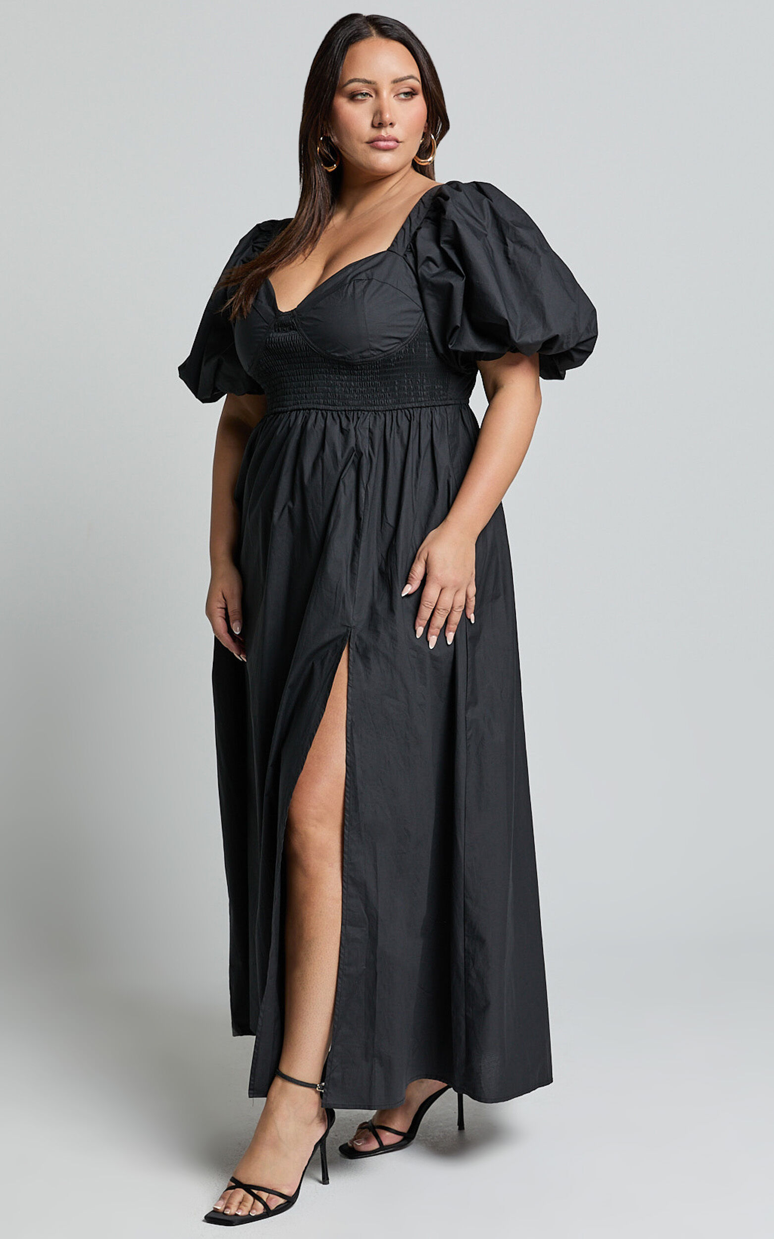 Raiza Midi Dress - Shirred Waist Puff Sleeve Dress in Black
