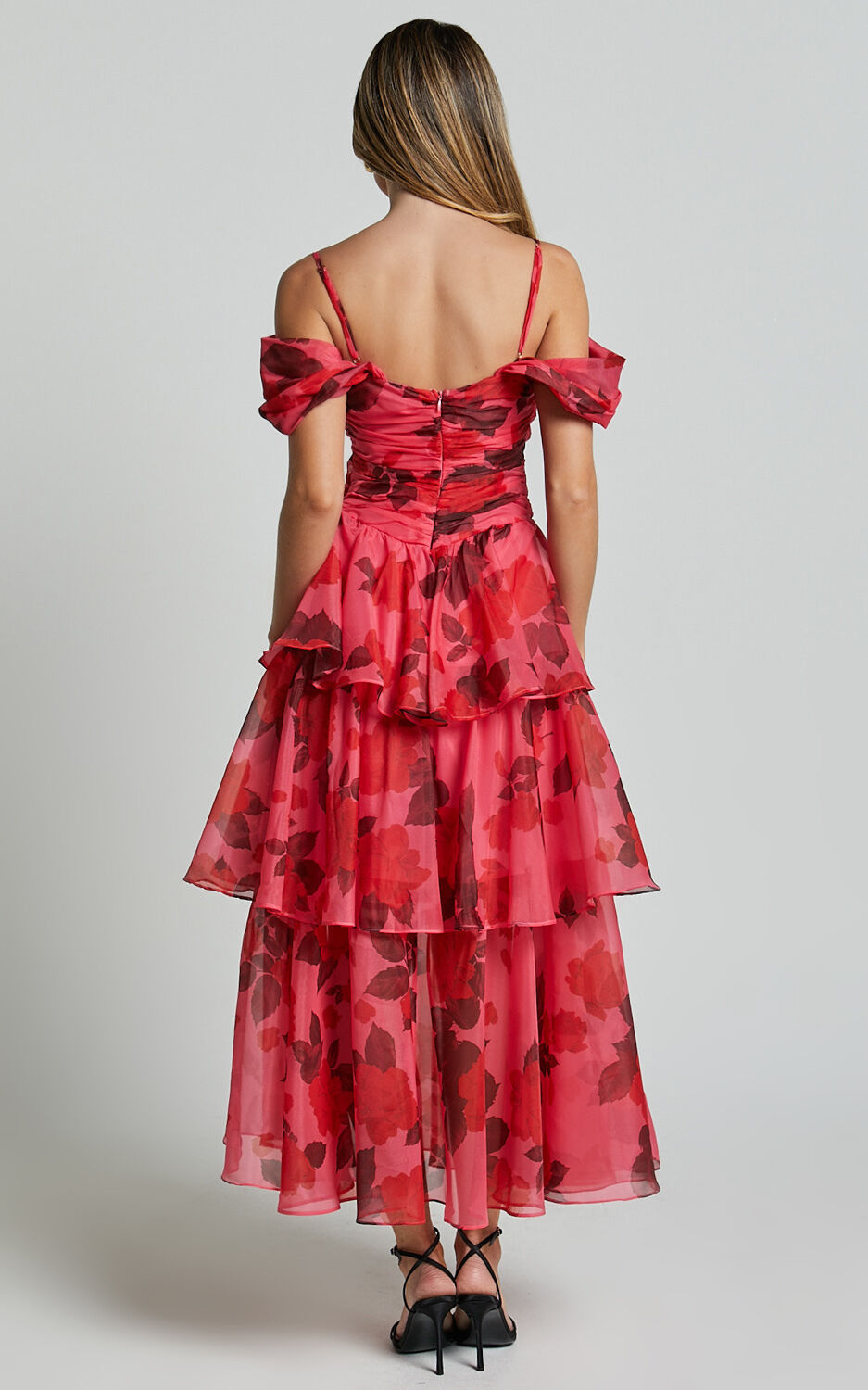 Xena Midi Dress - Off The Shoulder Cut Out Front Layered Dress in Pink Print