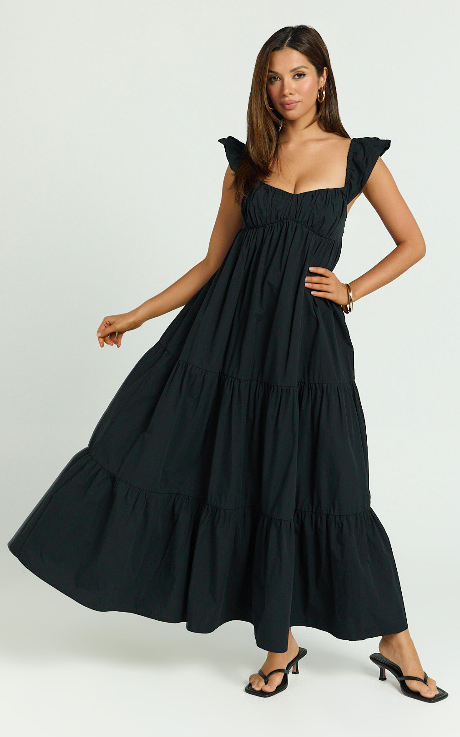 Brienne Midi Dress - Flutter Sleeve Tie Back Dress in Black