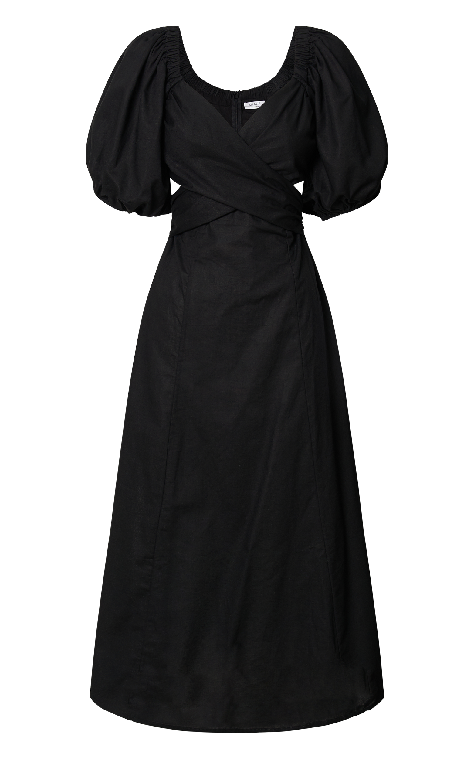 Amalie The Label - Janae Linen Blend Puff Sleeve Cut Out Midi Dress in Black