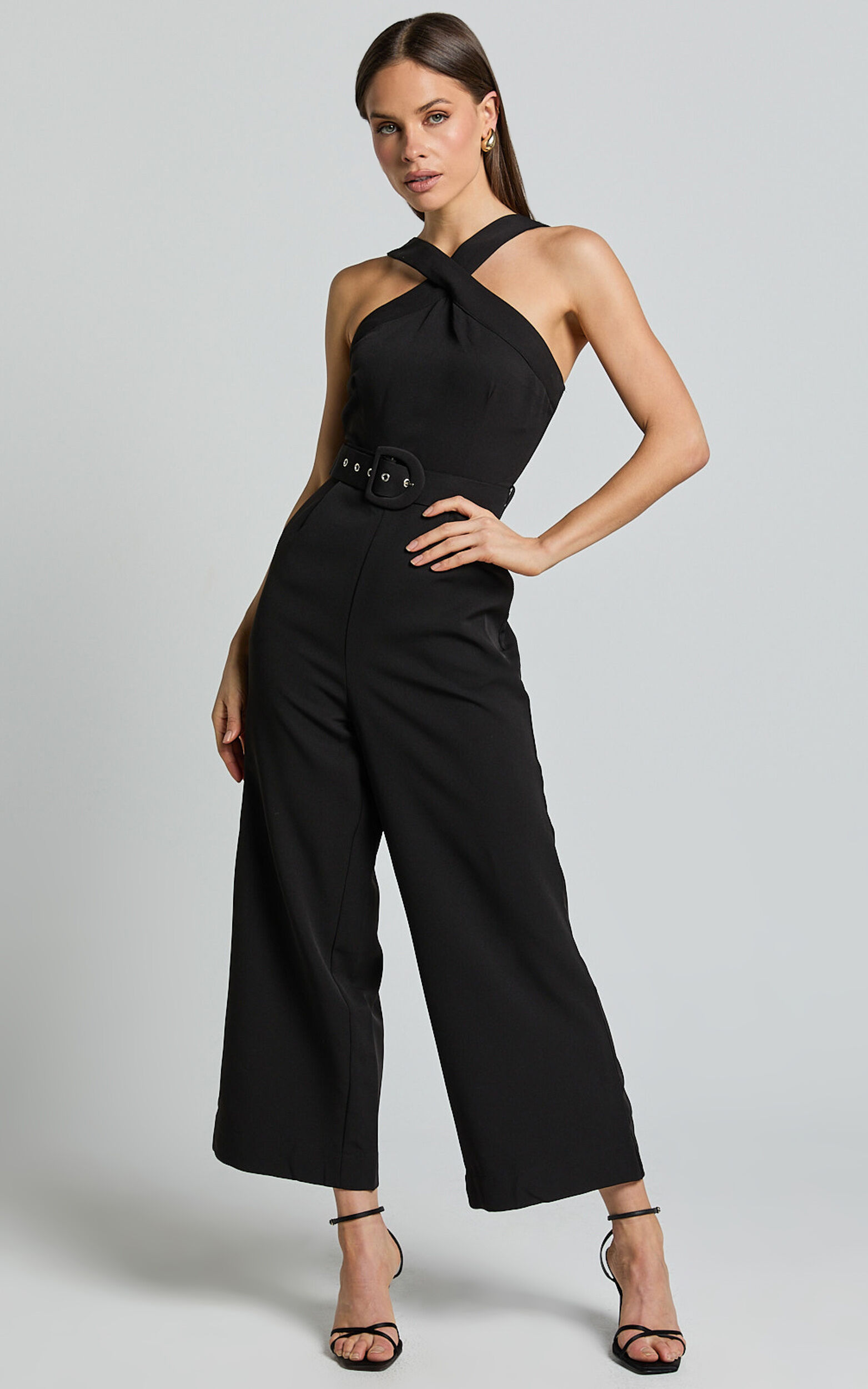 Tracy Jumpsuit - Diamond Neck Belted Straight Leg Jumpsuit in Black