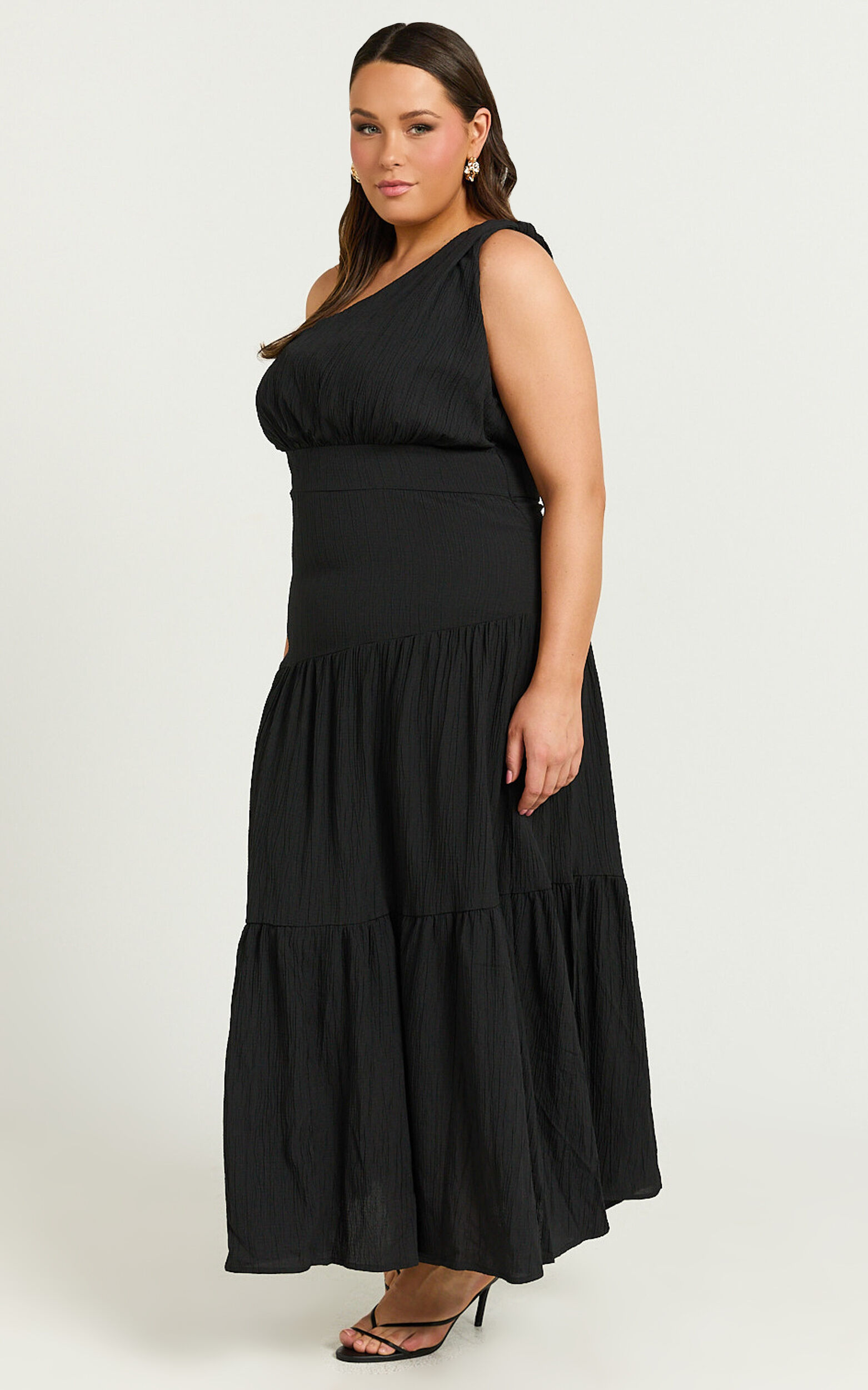 Celestia Midi Dress - Tiered One Shoulder Dress in Black