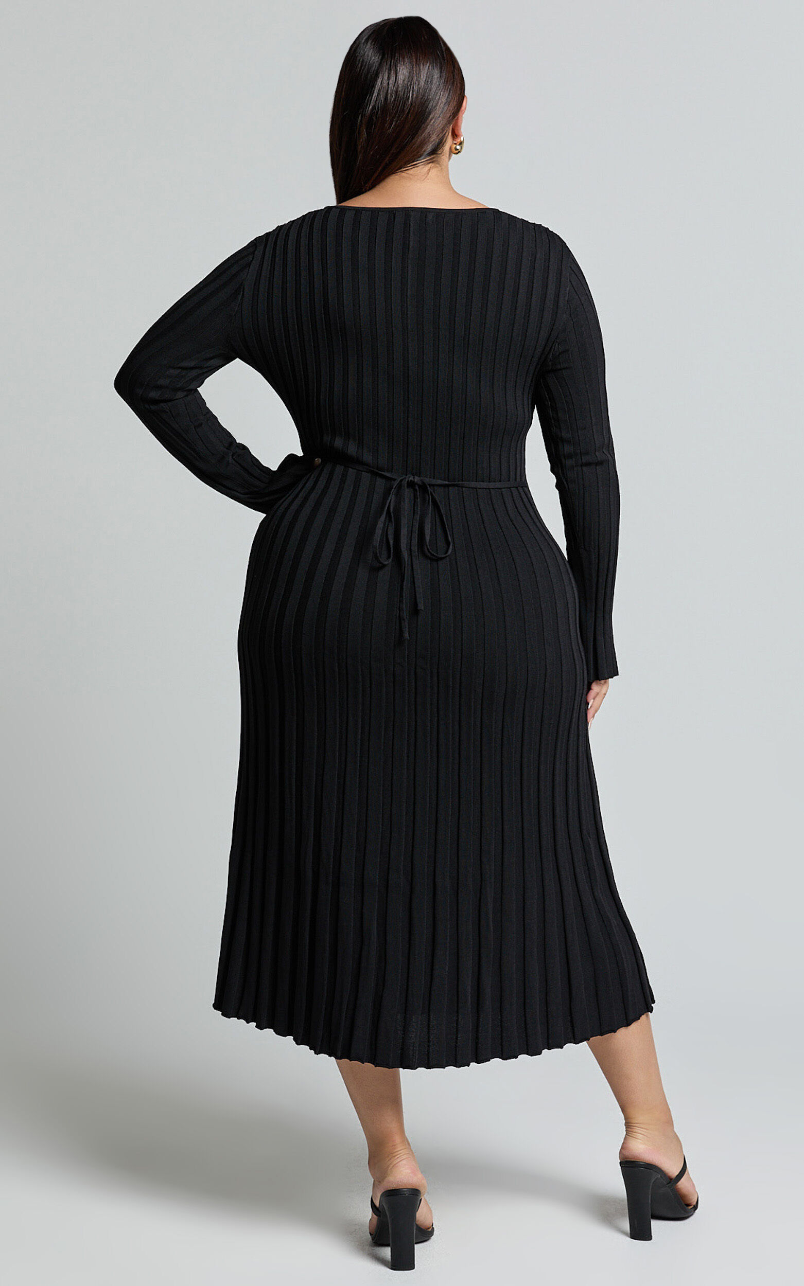 Blaire Midi Dress - Long Sleeve Tie Back Flare Dress in Black