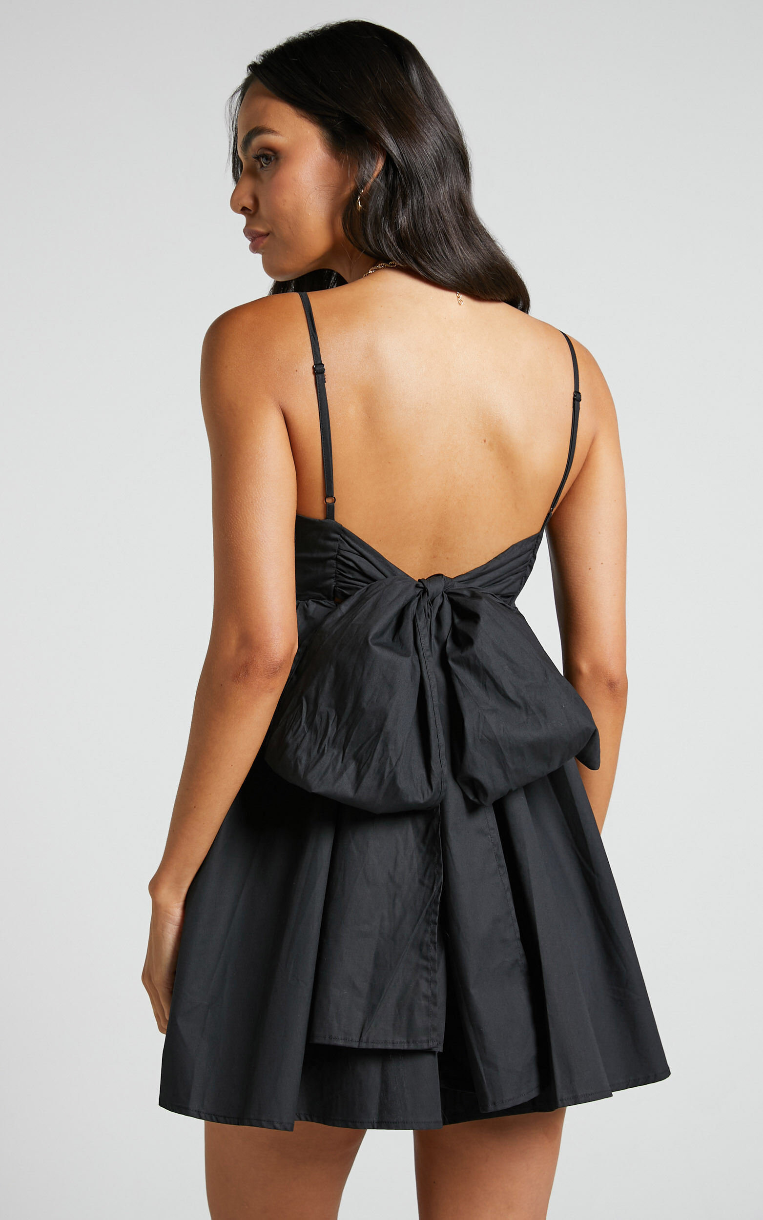 Clover Mini Dress - Back Bow Babydoll Dress in Black