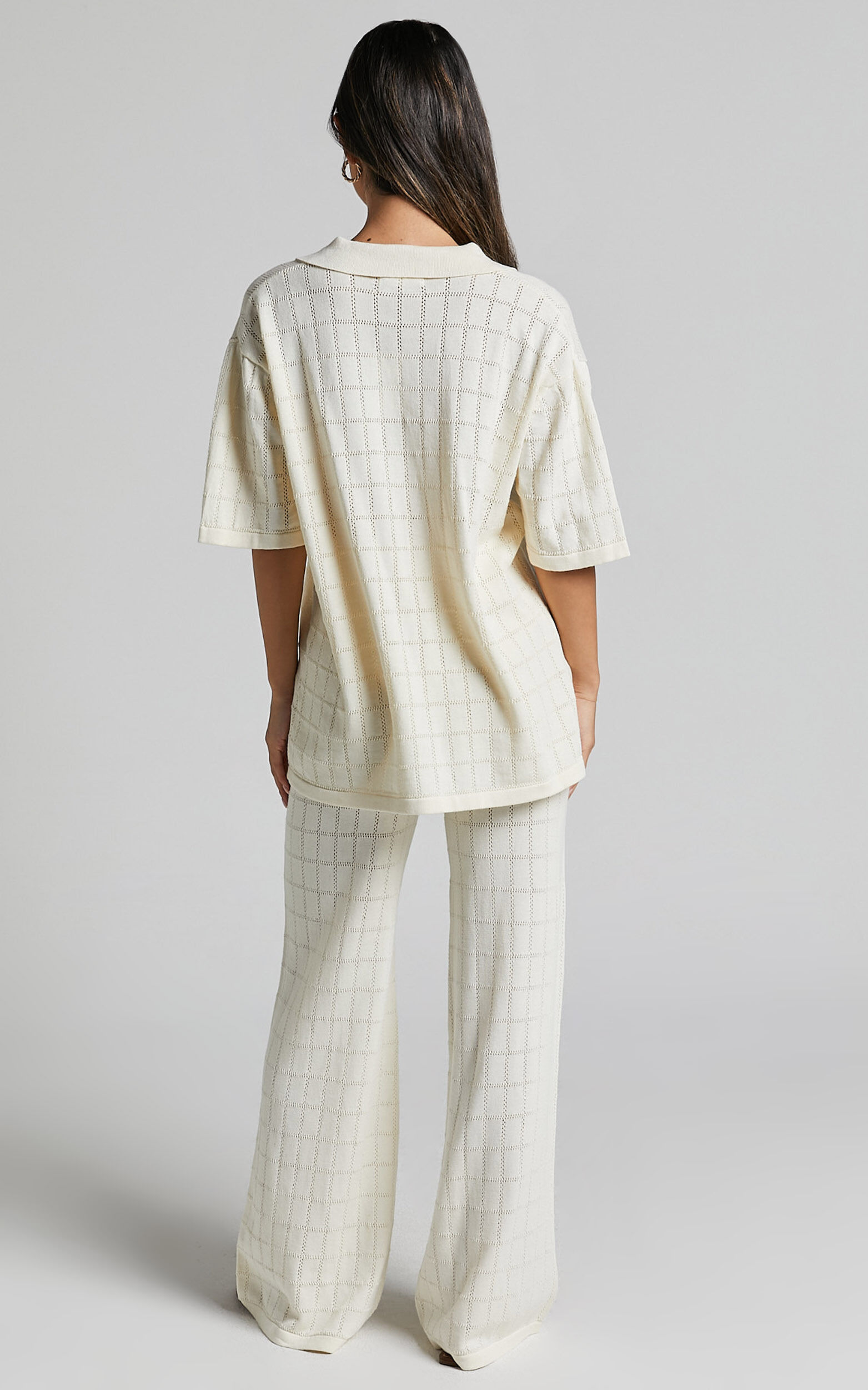 Tommy Two Piece Set - Knit Button Through Top and Pants Two Piece Set in Cream