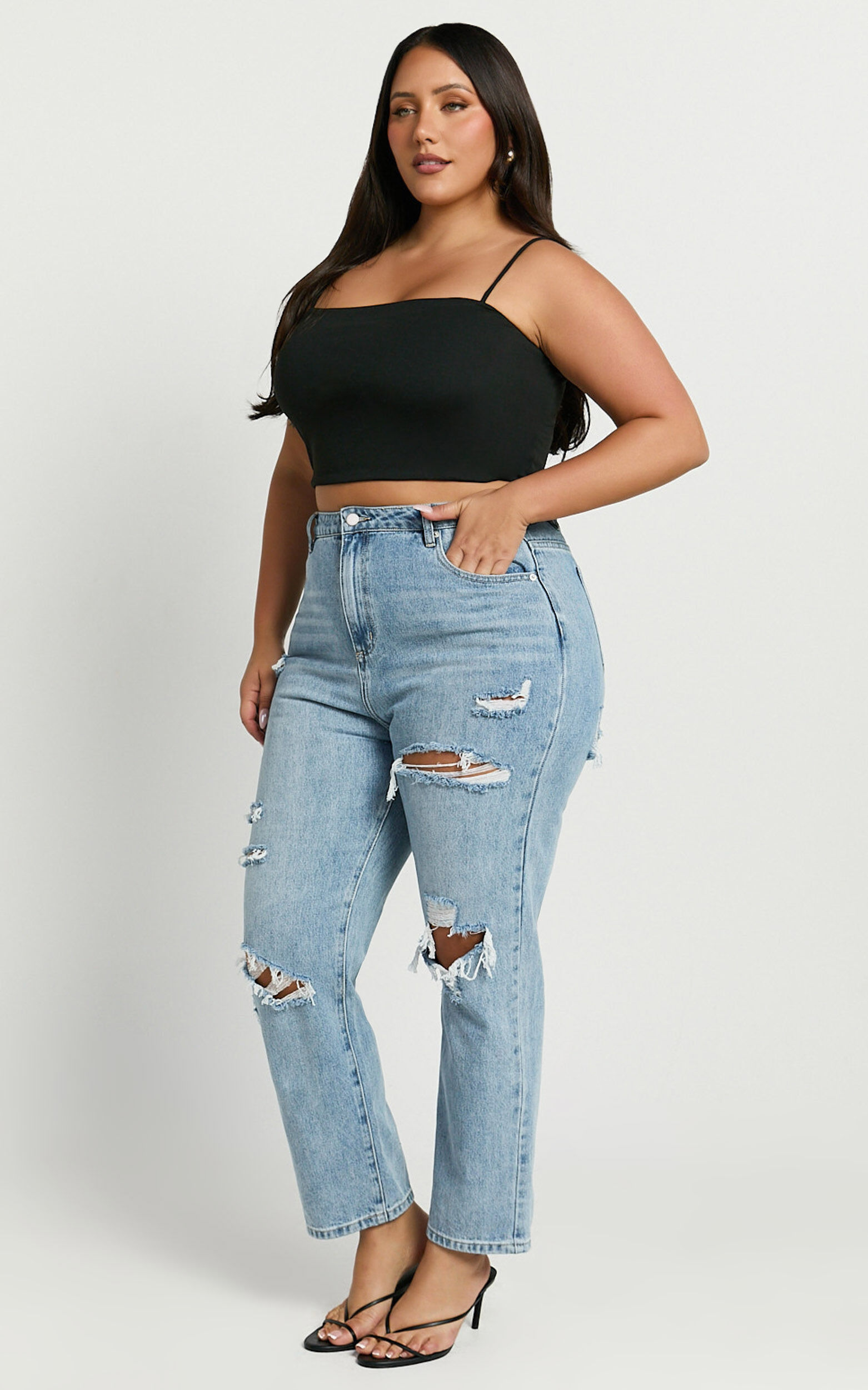 Billie Jeans - High Waisted Cotton Distressed Mom Denim Jeans in Mid Blue Wash