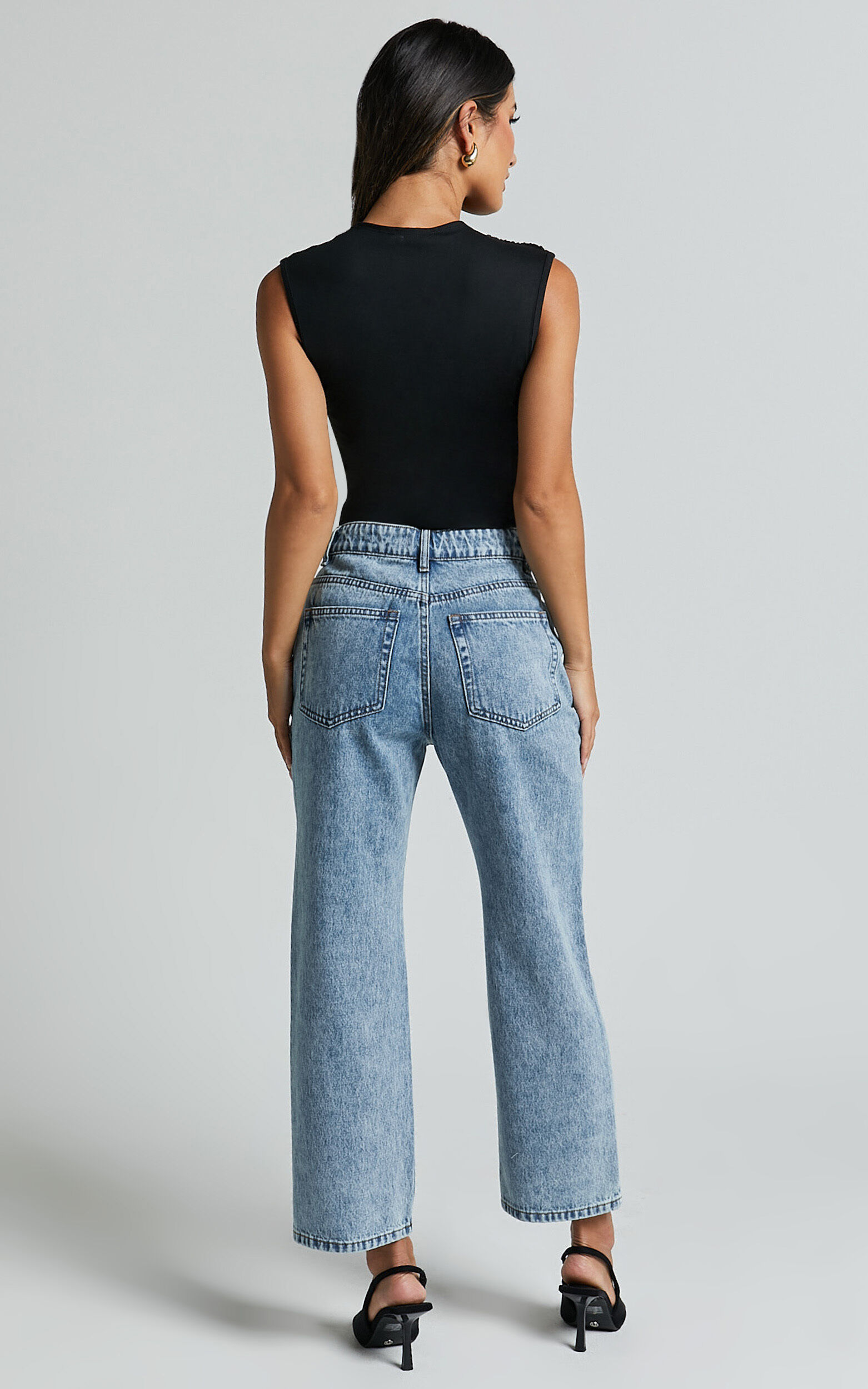 Wilkins Jeans - High Waisted Straight Leg Cropped Hem Jeans in Mid Blue Wash