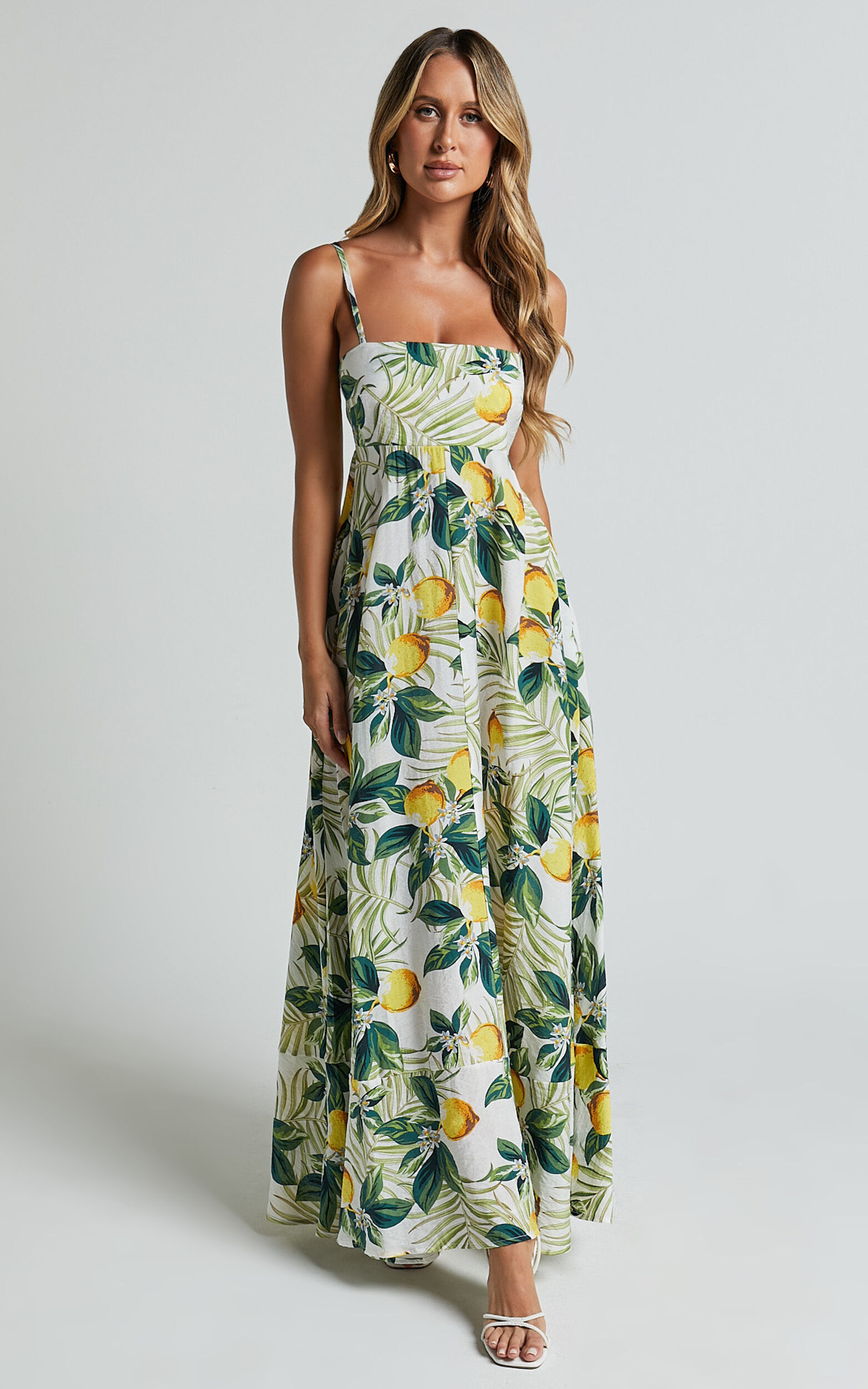 Cardi Maxi Dress - Strappy Straight Neck A Line Dress in Yellow