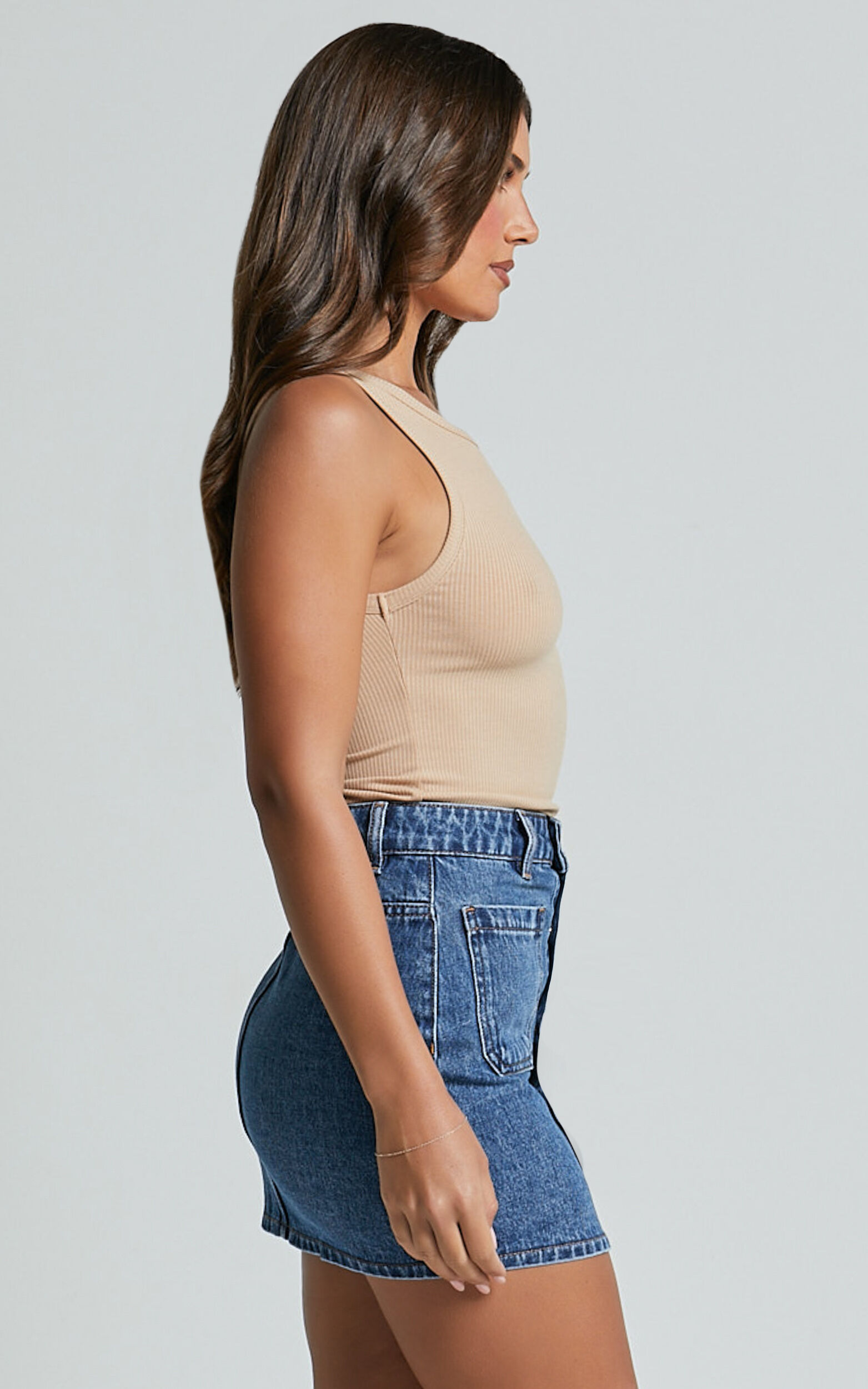 Gertrude Mini Skirt - High Waist Button Through Denim Skirt in Mid Blue Wash