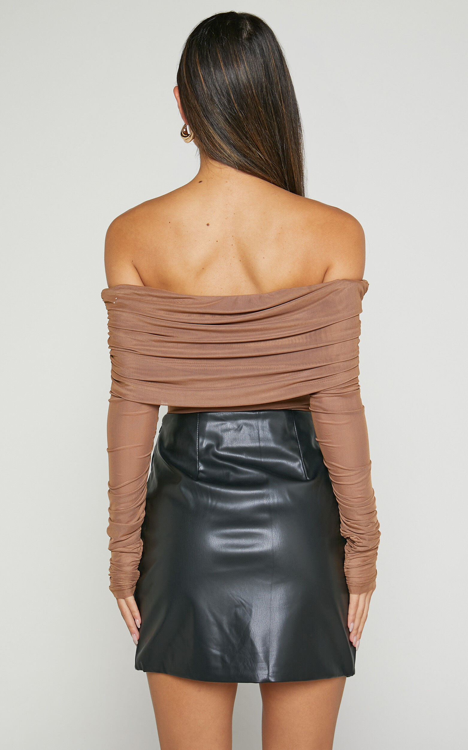 Jaythen Bodysuit - Long Sleeve Off Shoulder Ruched Mesh Bodysuit in Mocha