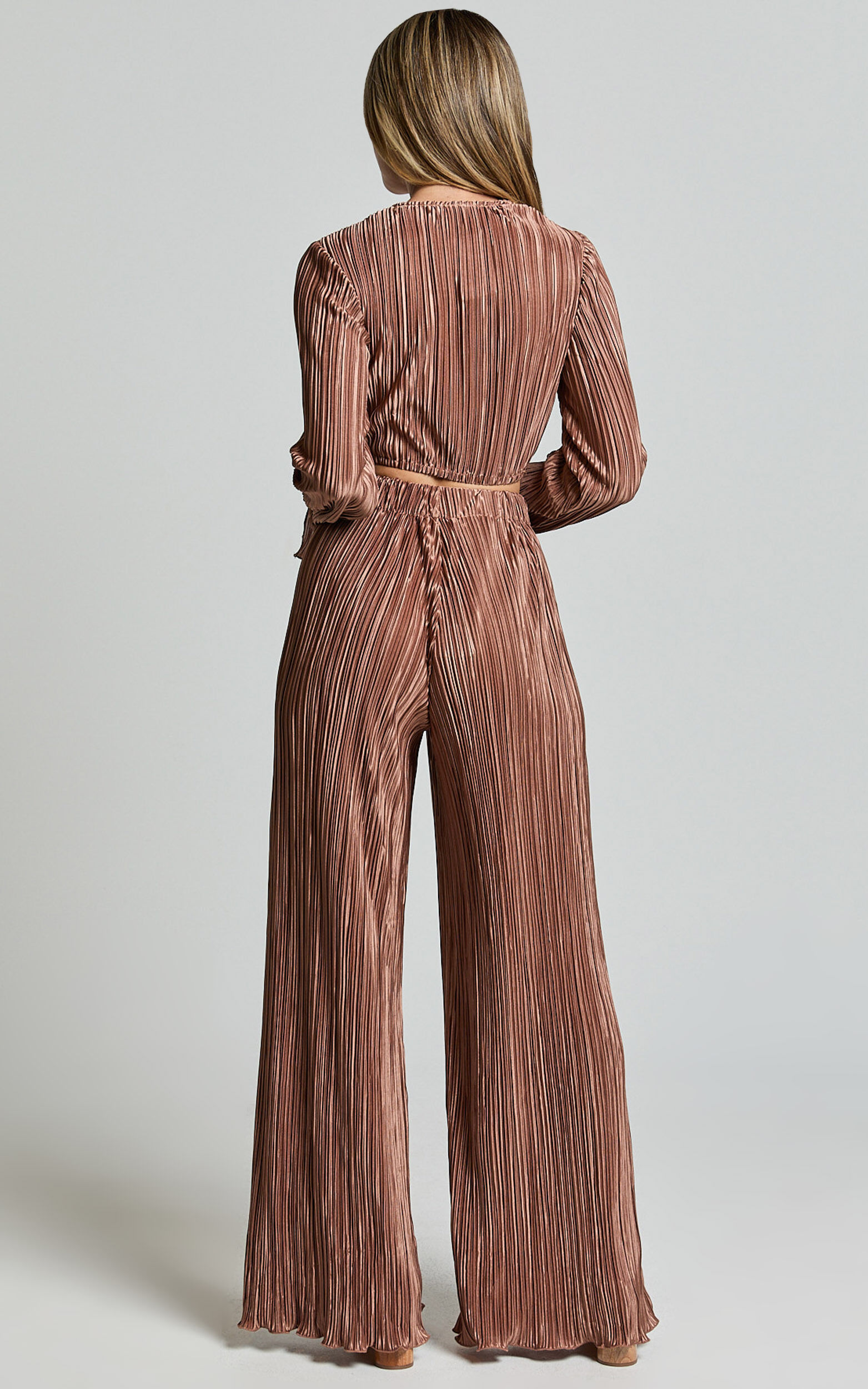 Aluna Two Piece Set - Plisse Twist Front Crop Top and Wide Leg Pants Set in Chocolate