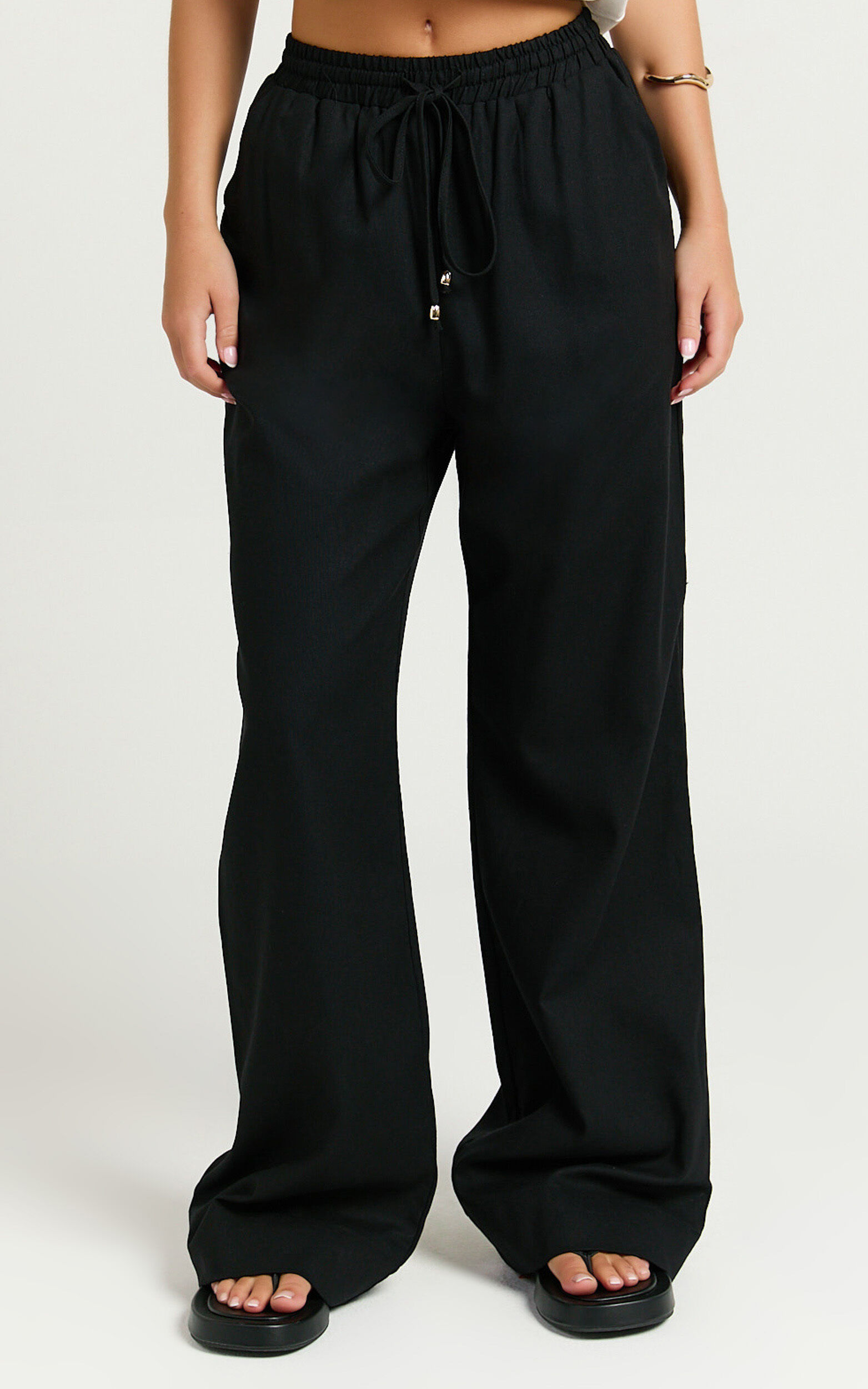 Hamilton Linen Pants - Straight Elasticated Mid Waist Pants in Black