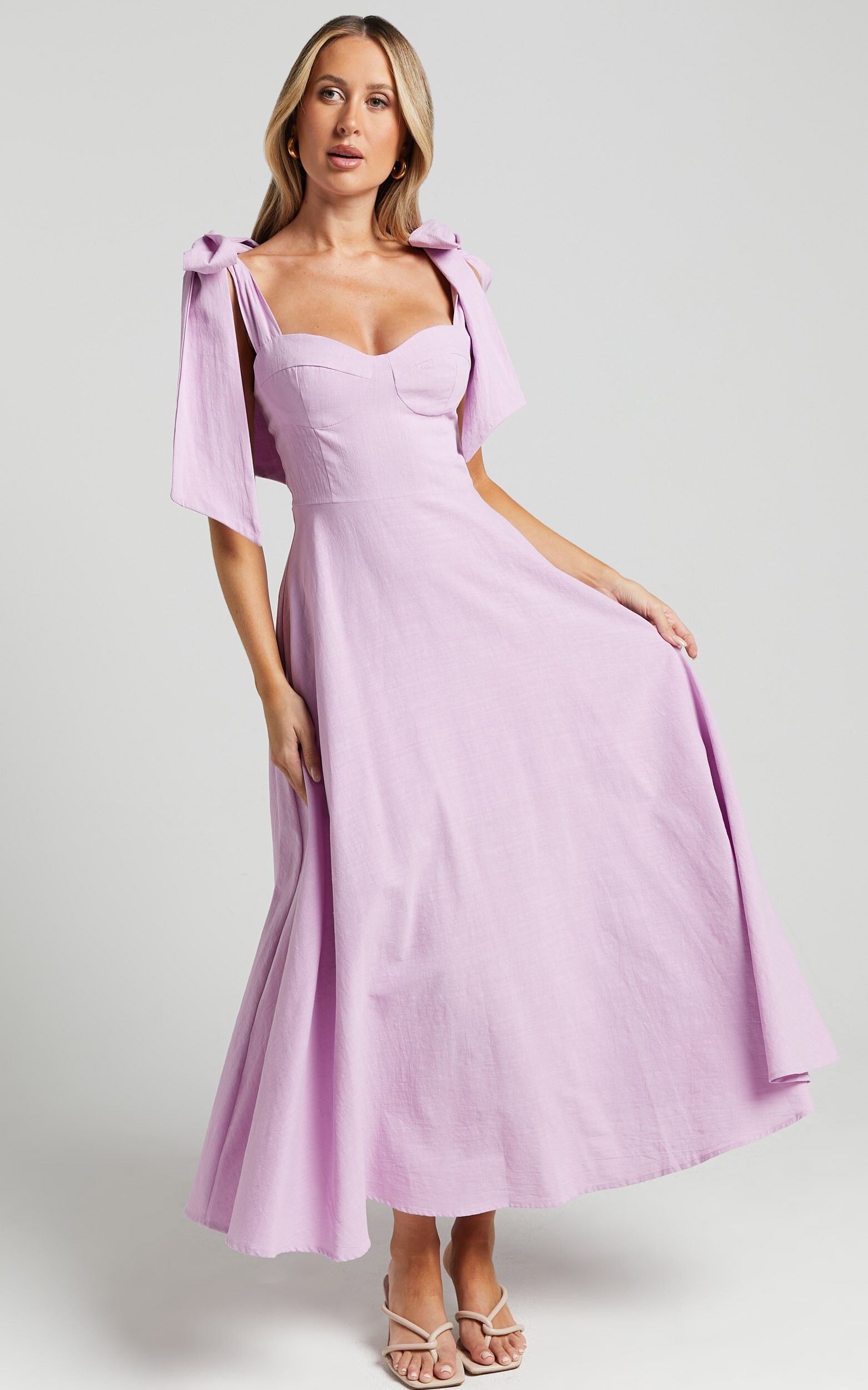Tymia Midi Dress - Shoulder Tie Bustier Shirred Back A Line in Lavender