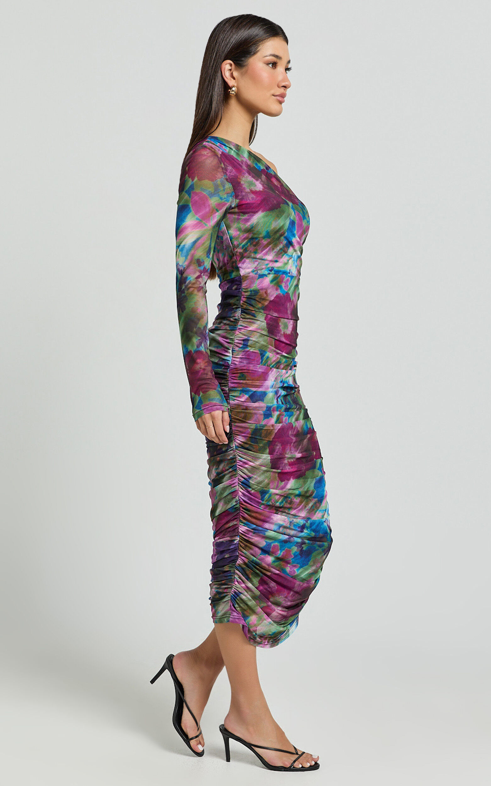 Pepper Midi Dress - One Shoulder Ruched Mesh Dress in Ethereal Iris Print