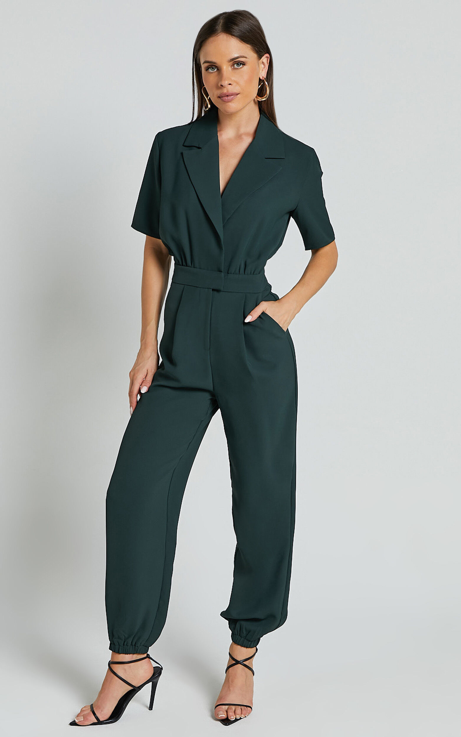 Coco Jumpsuit - Collared Short Sleeve Straight Leg Jumpsuit in Forest Green
