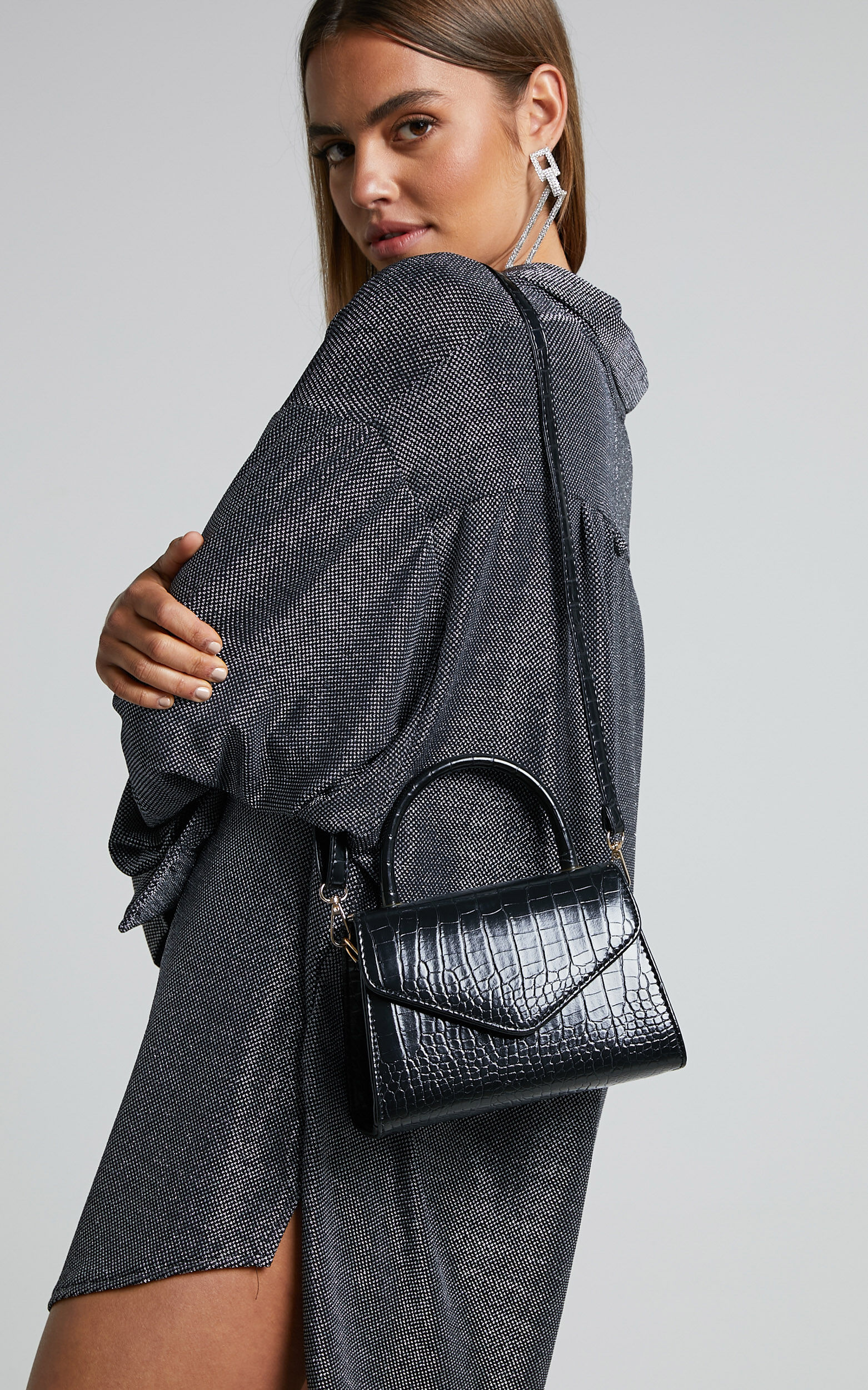 Marilou Bag - Croc Embossed Top Handle Bag in Black