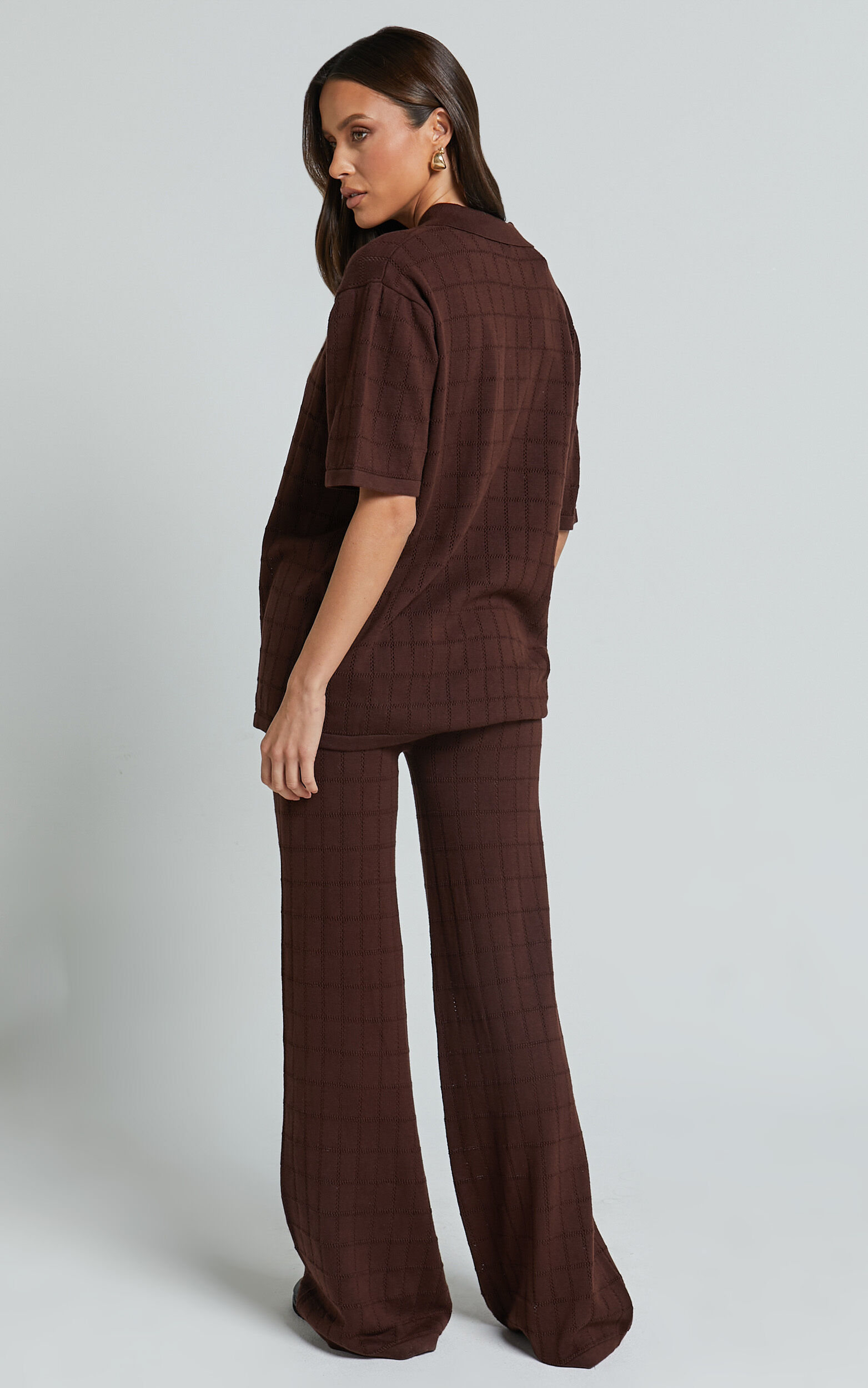 Tommy Two Piece Set - Knit Button Through Top and Pants Two Piece Set in Chocolate