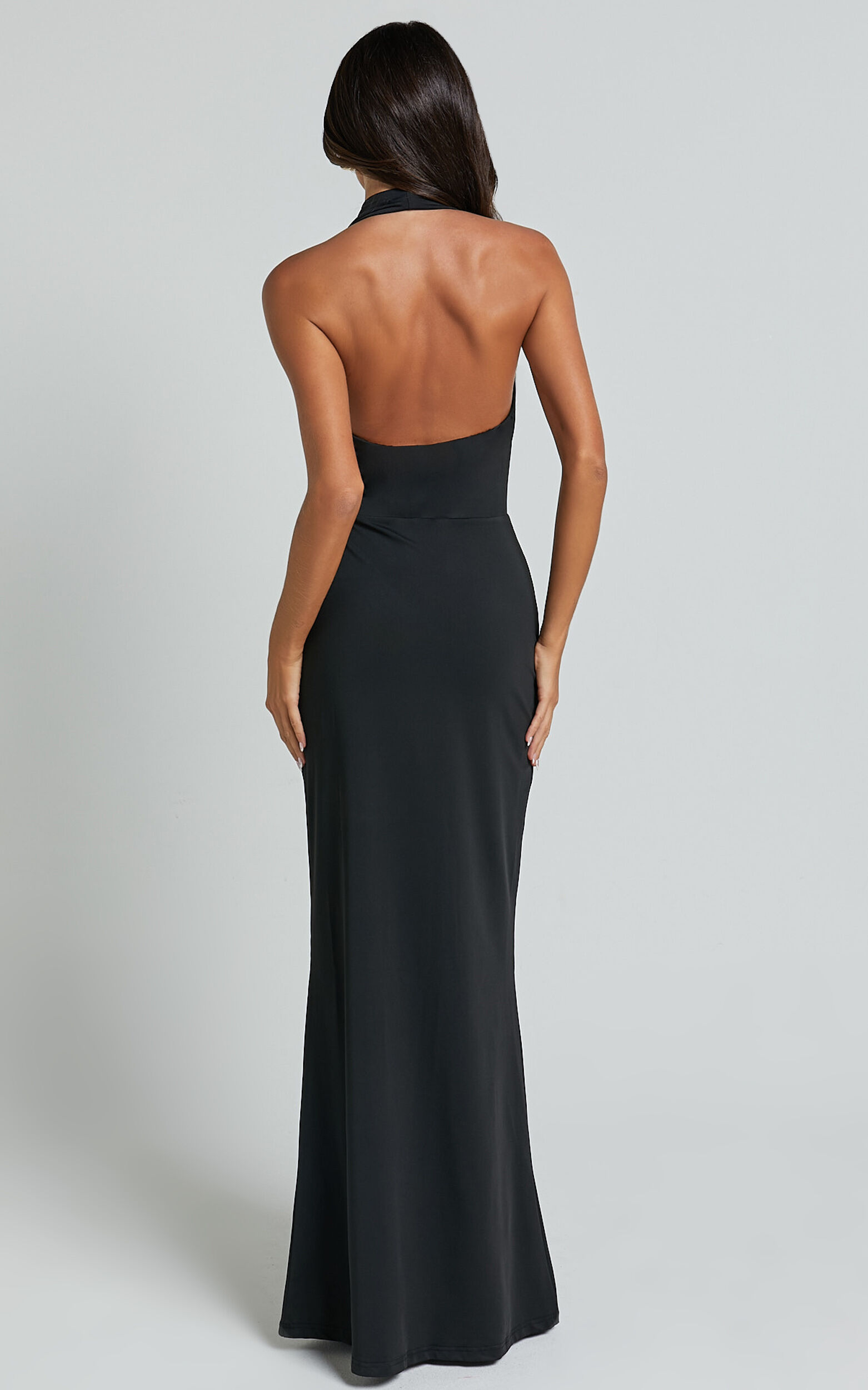Sylvana Maxi Dress - Cowl Halter Neck Bodycon Dress in Black