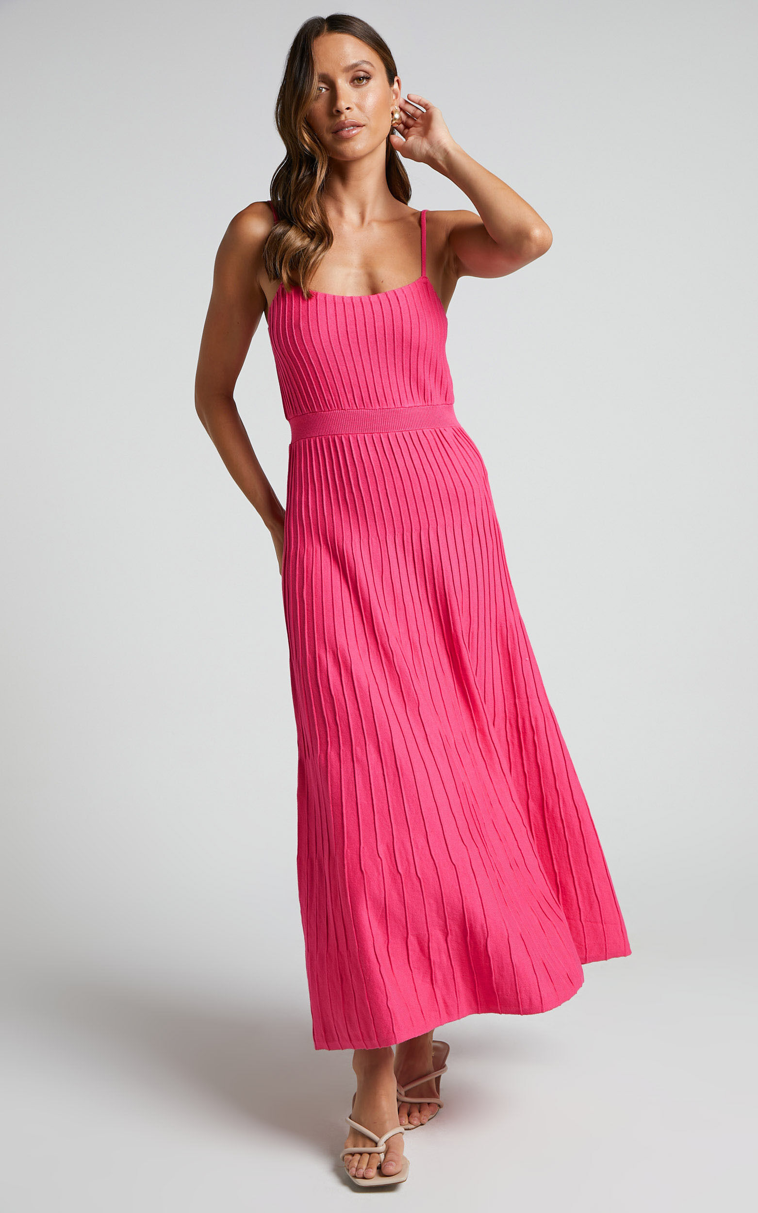 Donissa Midi Dress - Panelled Knit Dress in Hot Pink