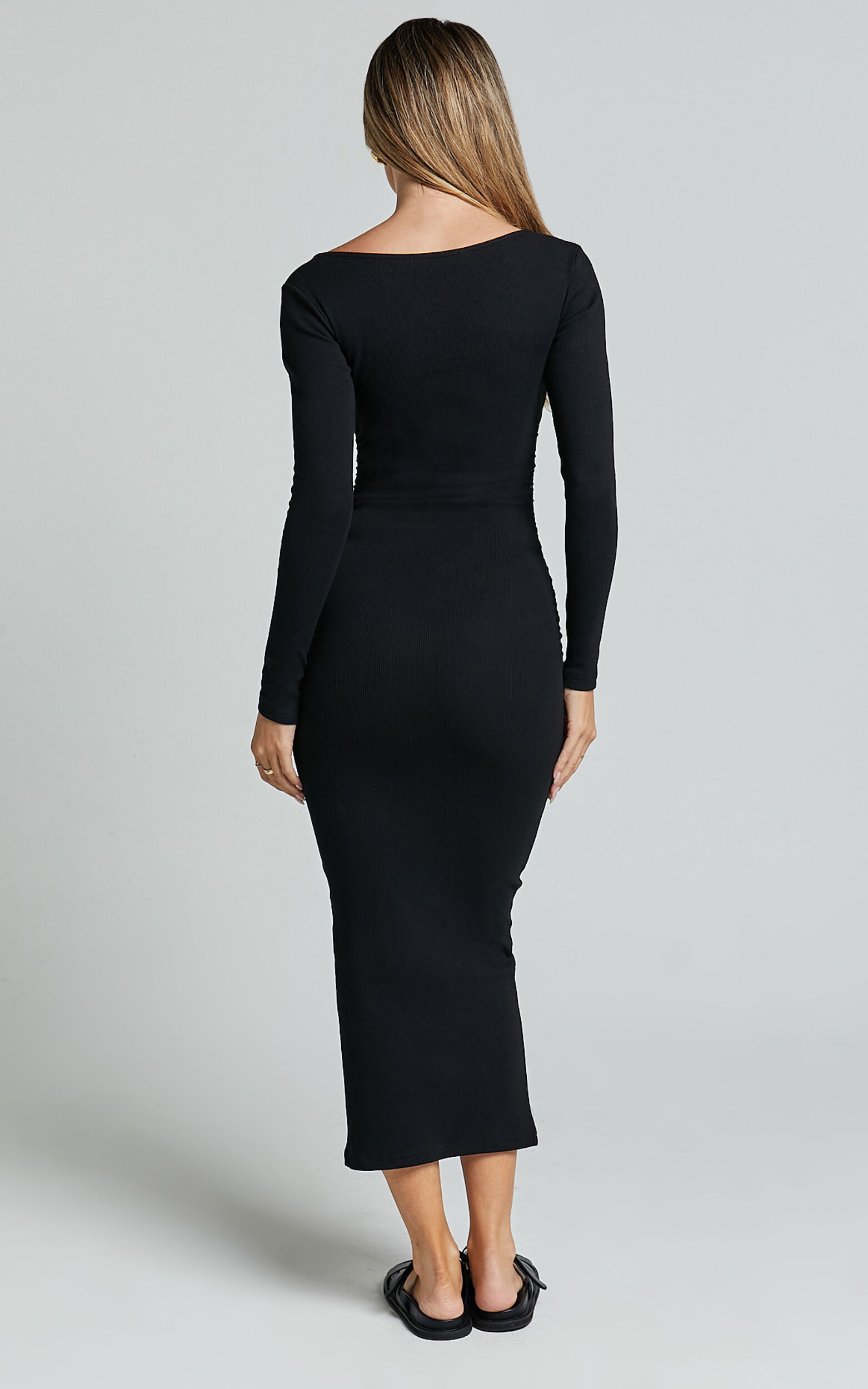 Lucy Midi Dress - Ribbed Side Ruched Bodycon Dress in Black