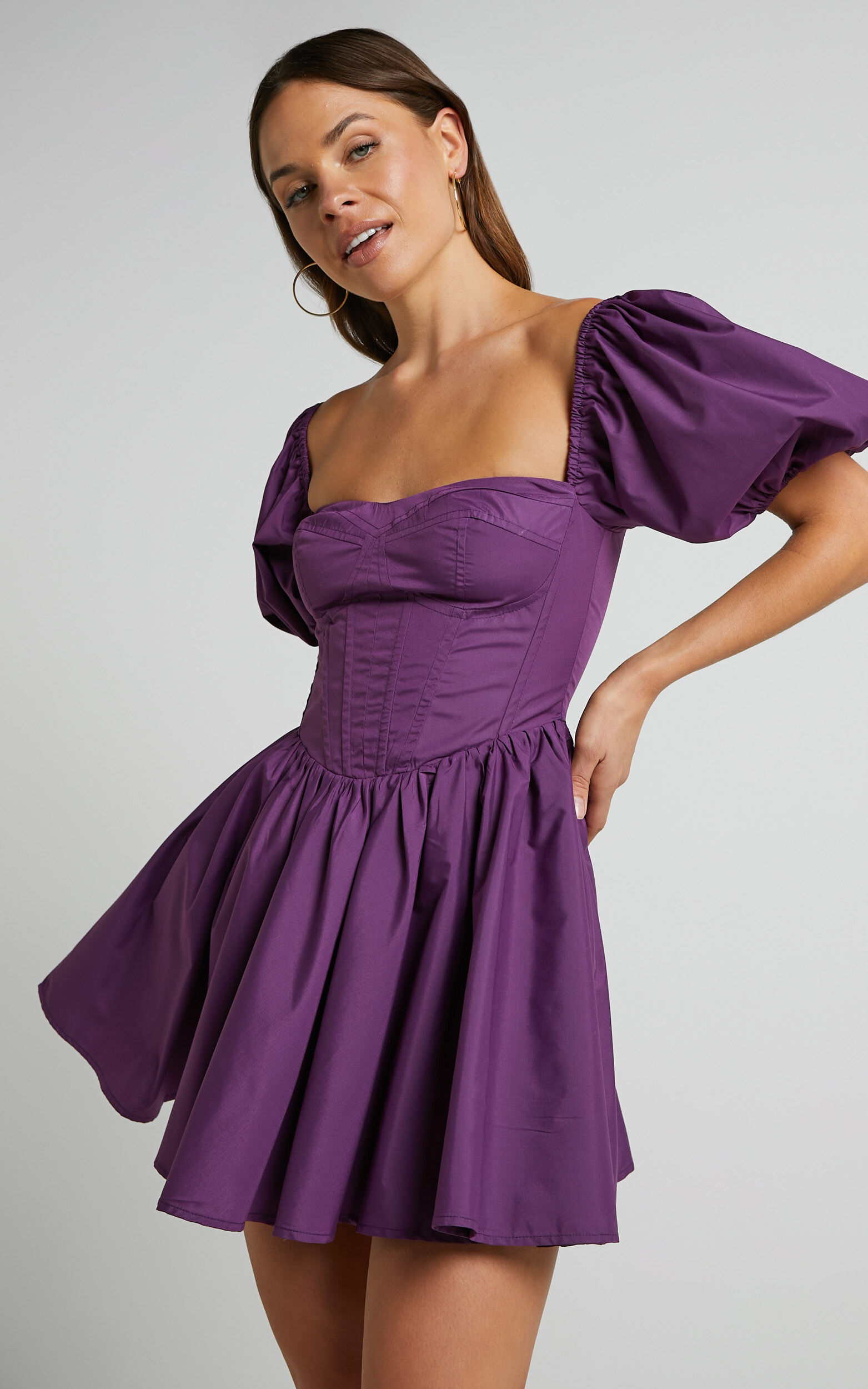 Souza Mini Dress - Fit and Flare Puff Sleeve Corset Dress in Dark Amethyst