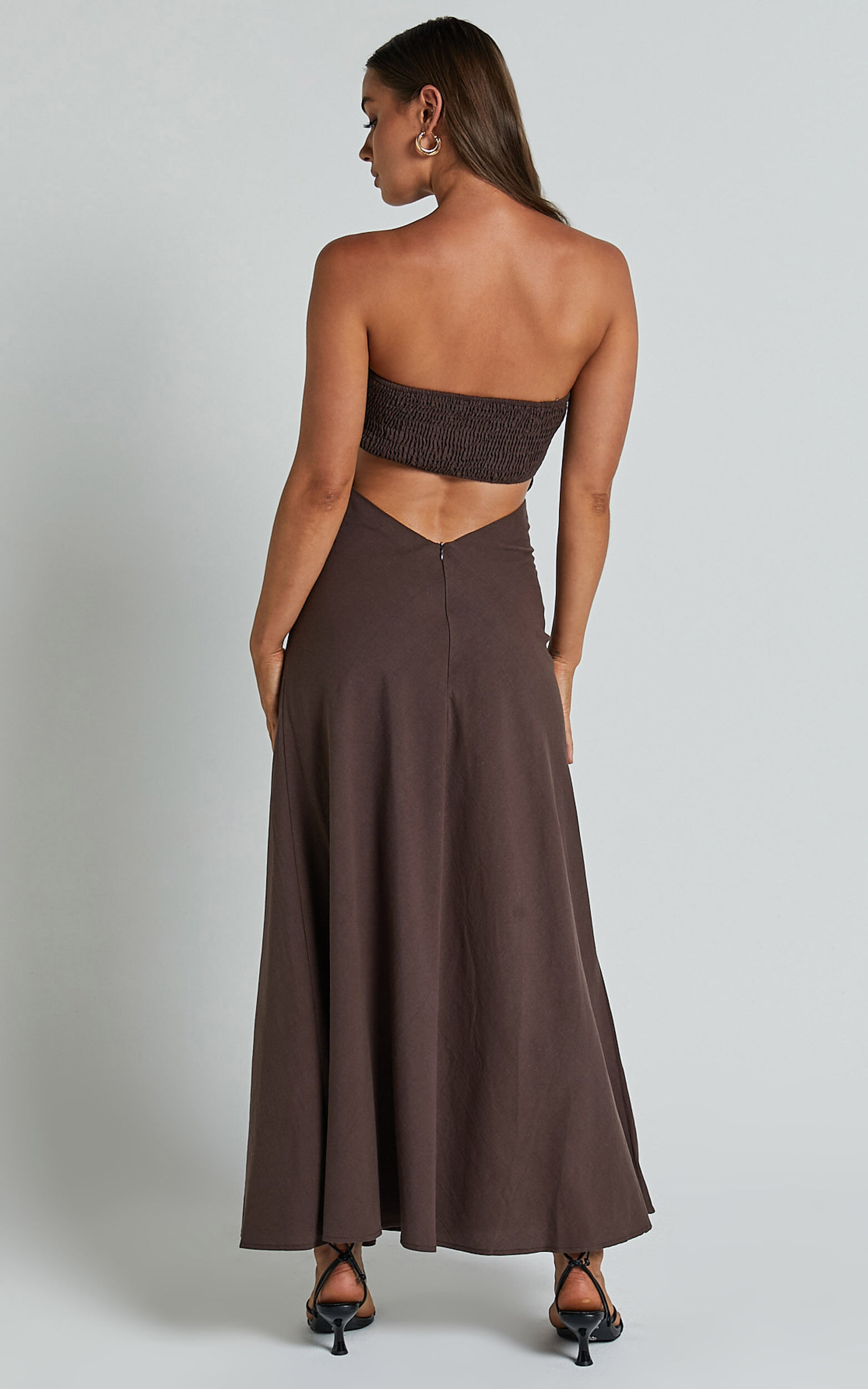 Elerie Maxi Linen Dress - Strapless Linen Dress in Chocolate