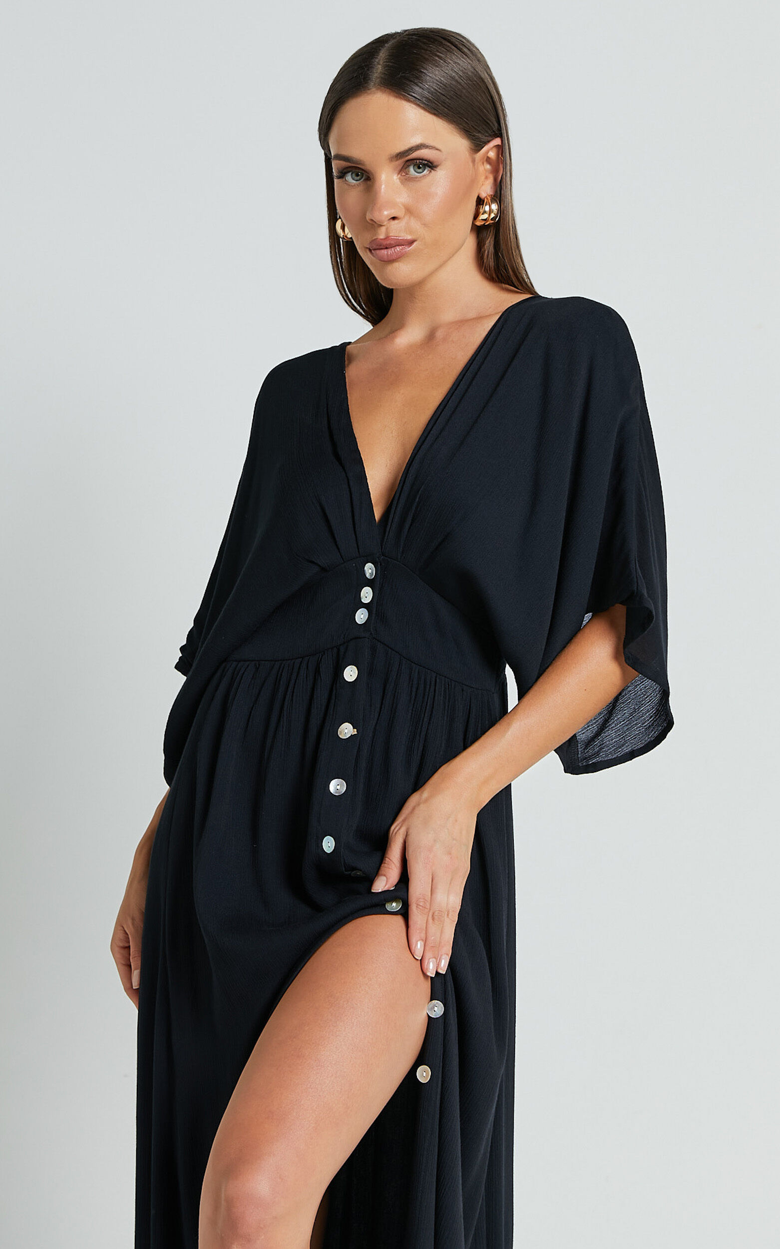 Sitting Pretty Maxi Dress - Short Sleeve Button Down Dress in Black