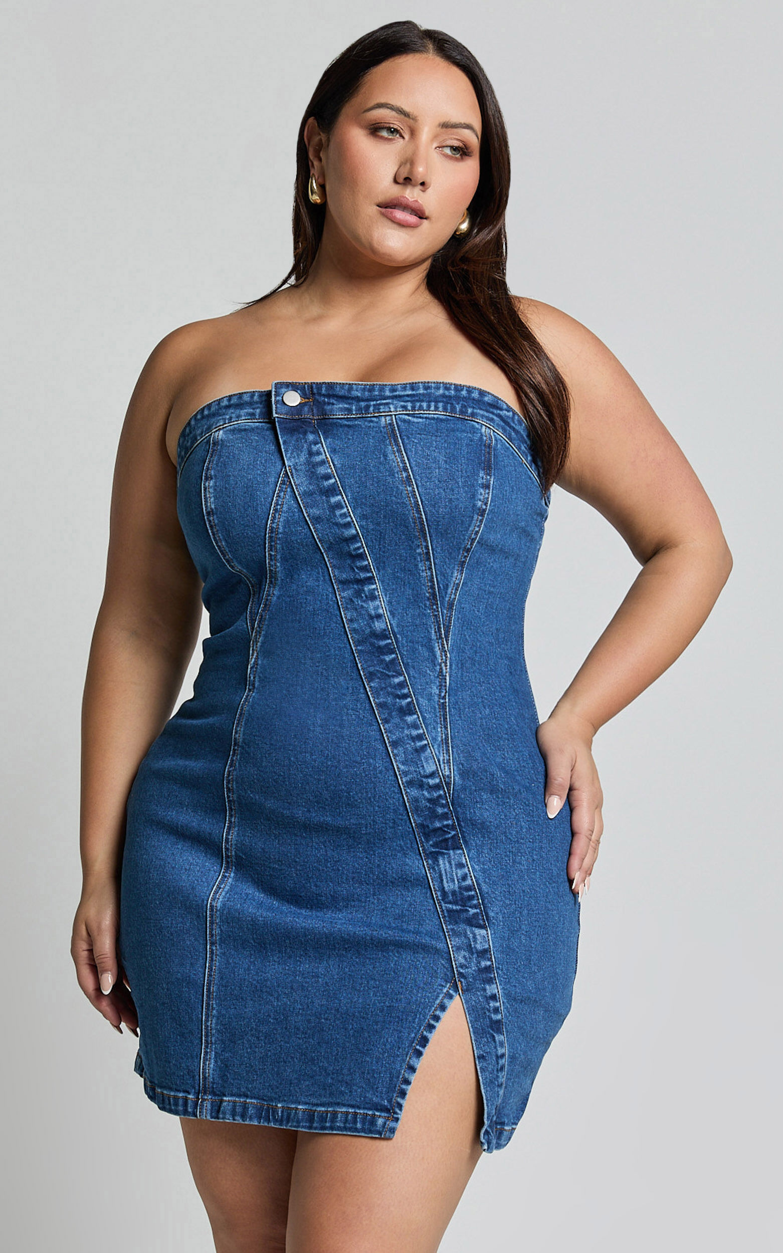 Erline Mini Dress - Asymmetric Strapless Denim Dress in Dark Blue Wash