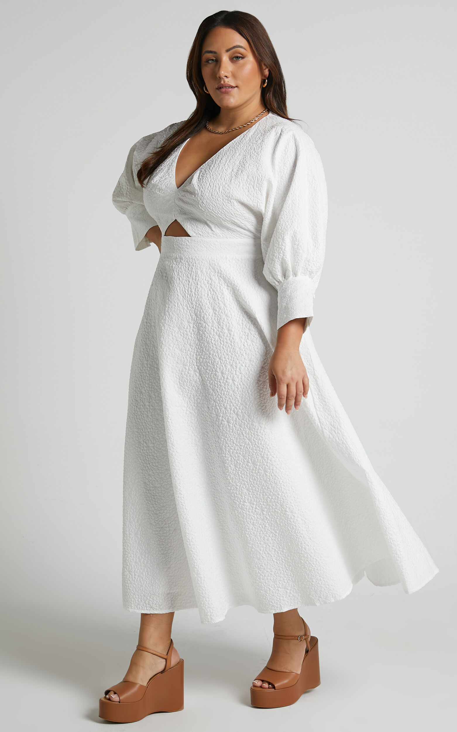 Ashtina Midi Dress - V Neck Cut Out Puff Sleeve Dress in White