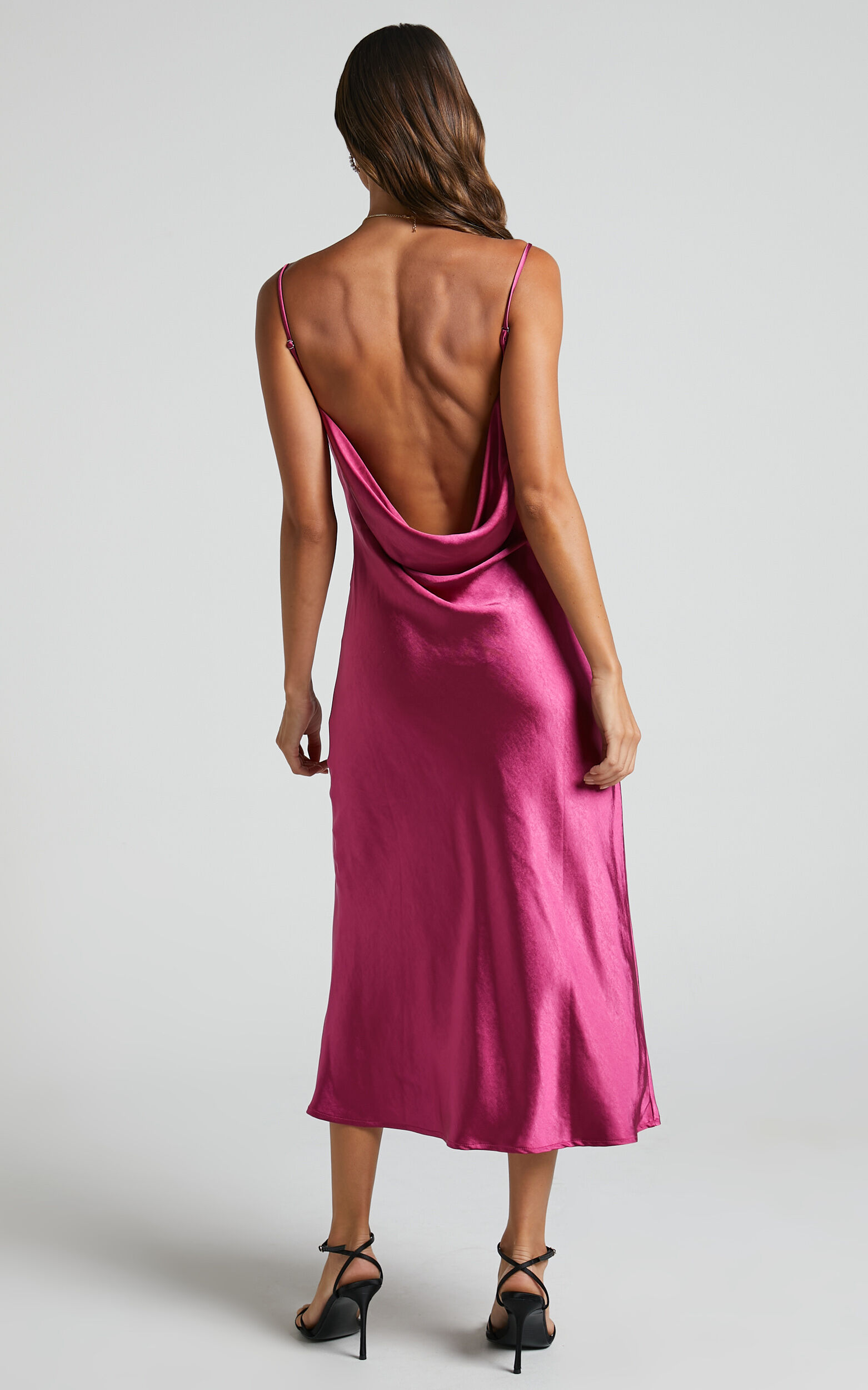 Sherrie Midi Dress - Cowl Neck Open Back Satin Dress in Berry