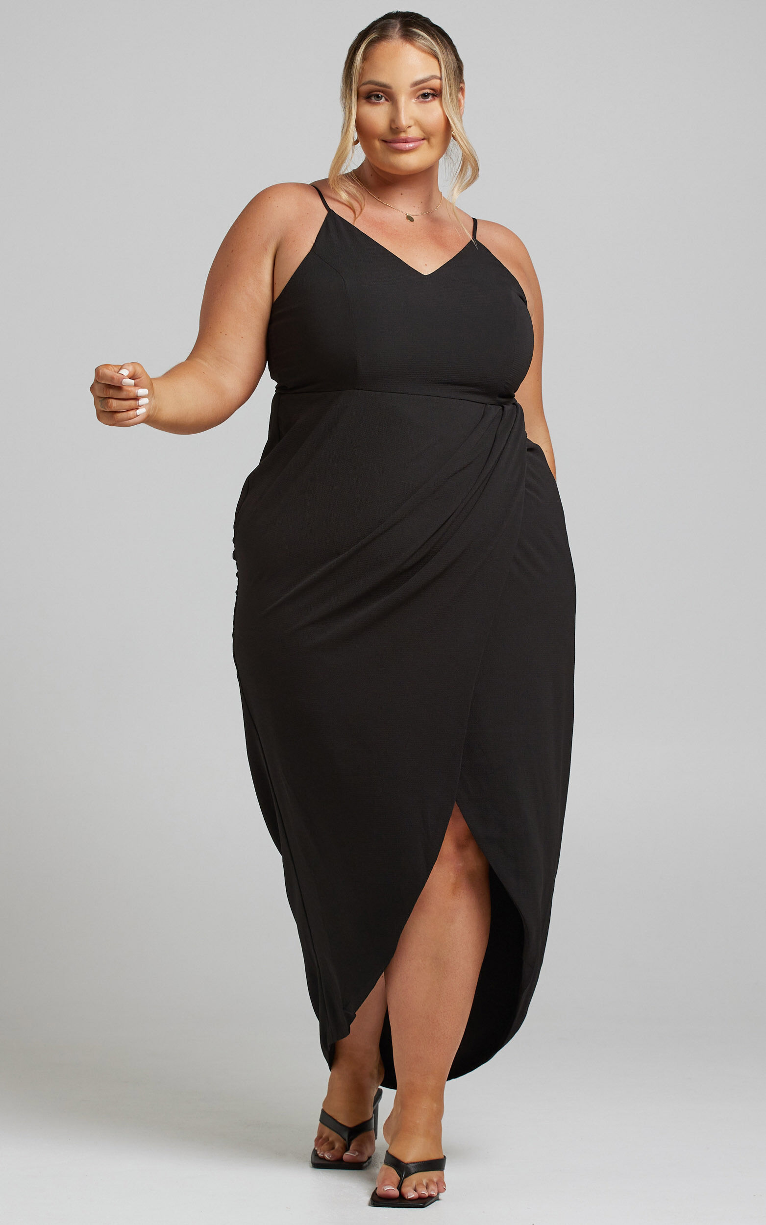 Lucky Day Midi Dress - V Neck Drape Dress in Black