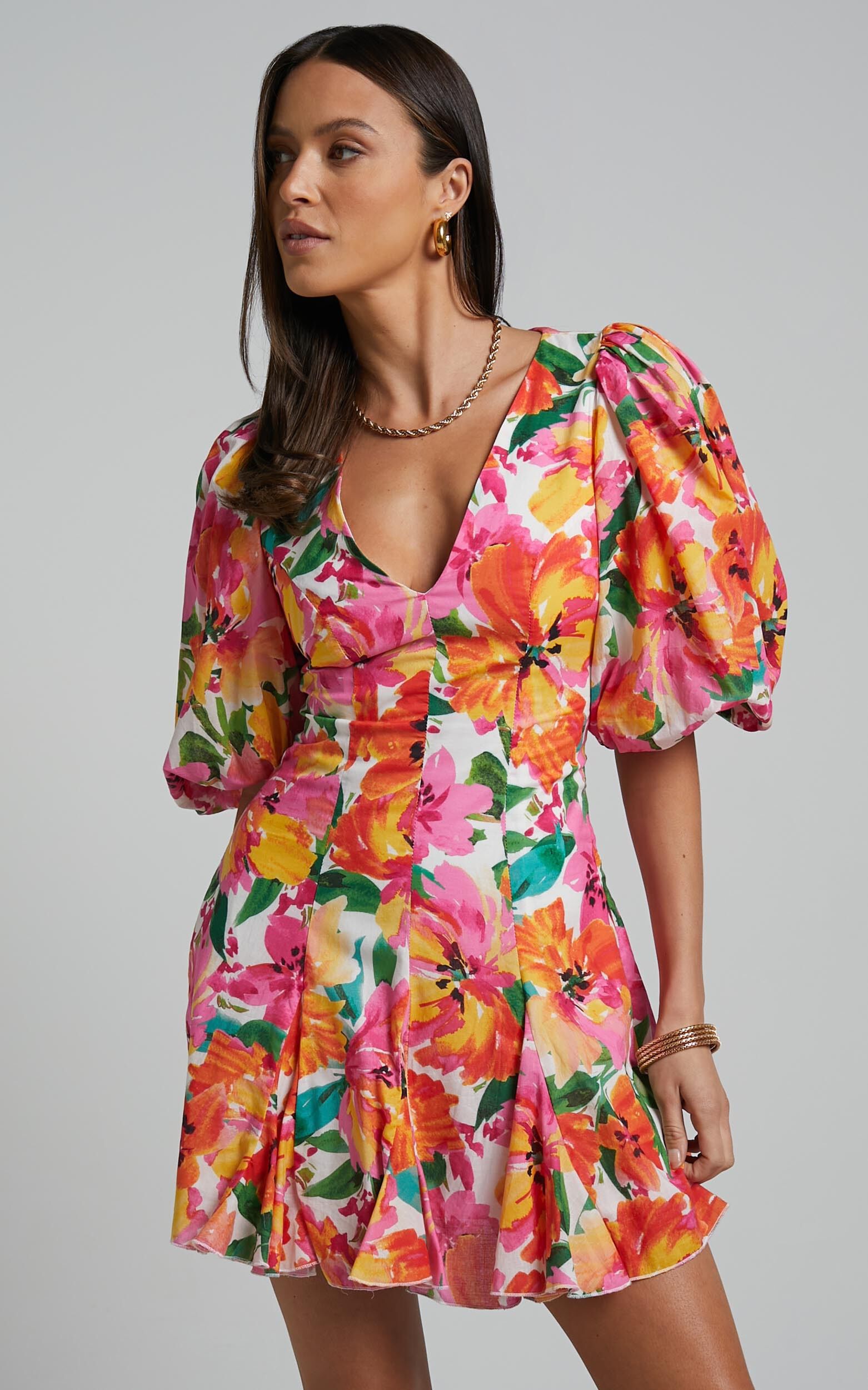 Shairah Mini Dress - V Neck Puff Sleeve Flutter Hem Dress in In Bloom