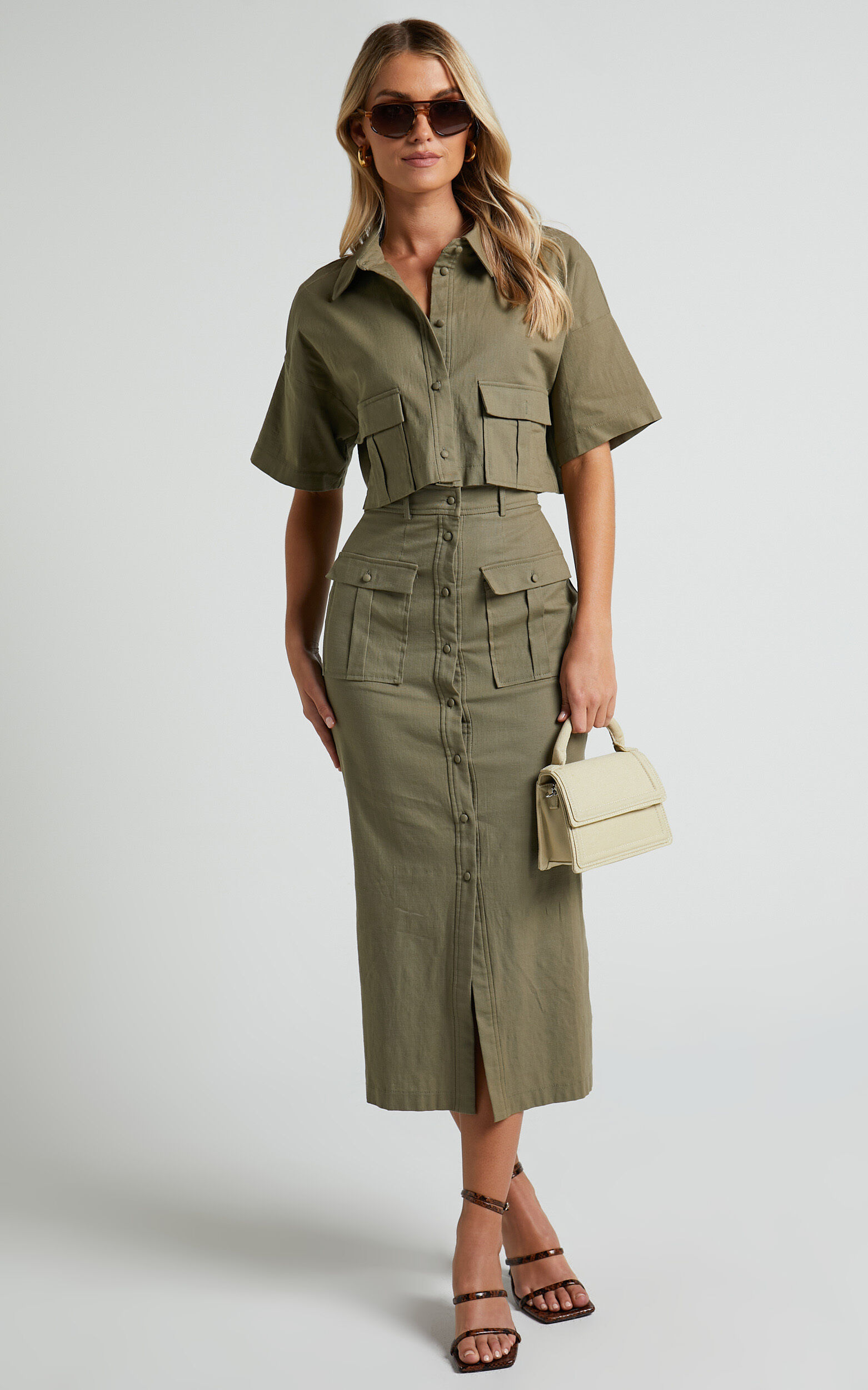 Davina Two Piece Set - Button Front Top and Midi Skirt Set in Khaki