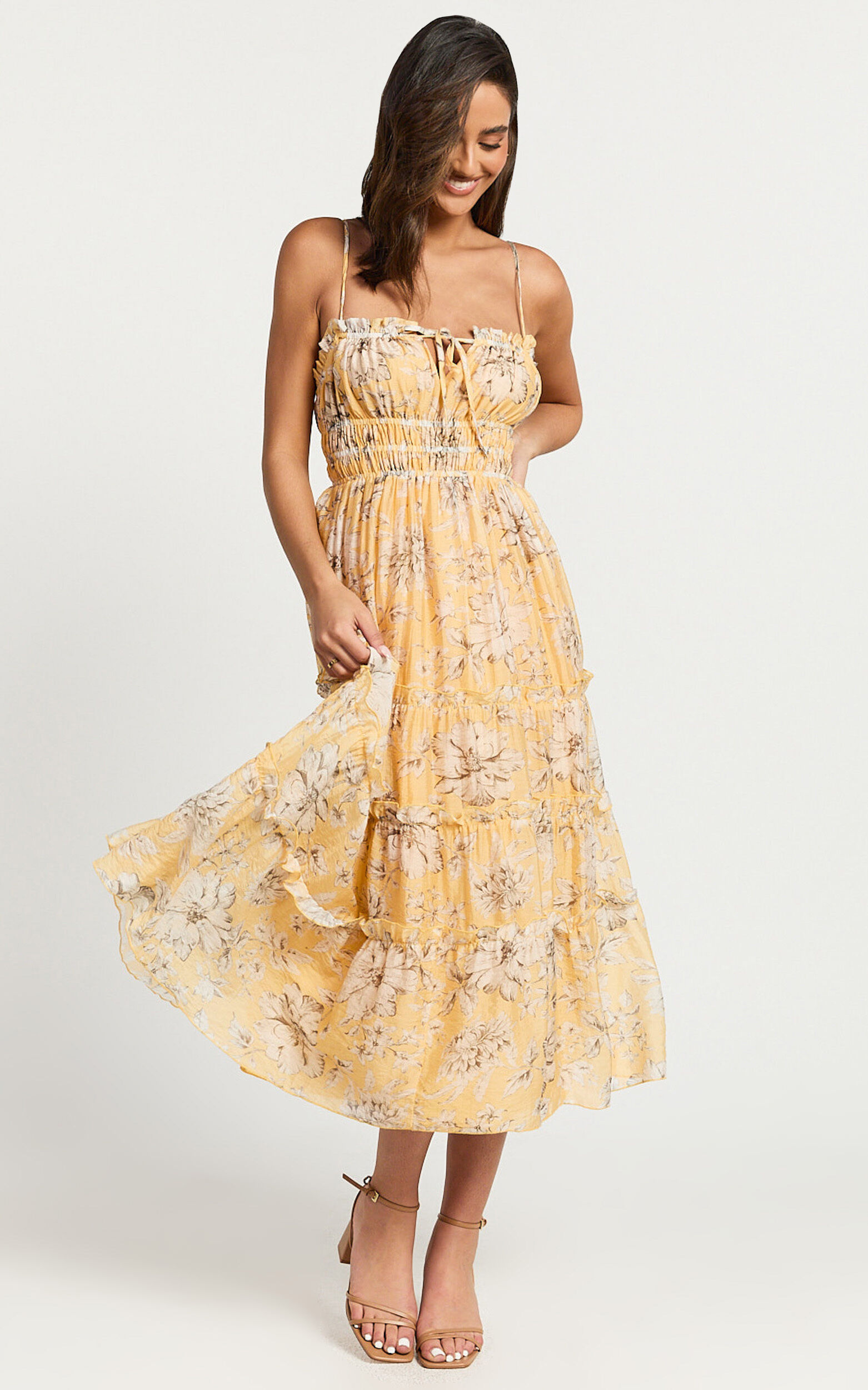 Fran Midi Dress - Ruched Tie Front Tiered Dress in Yellow Floral
