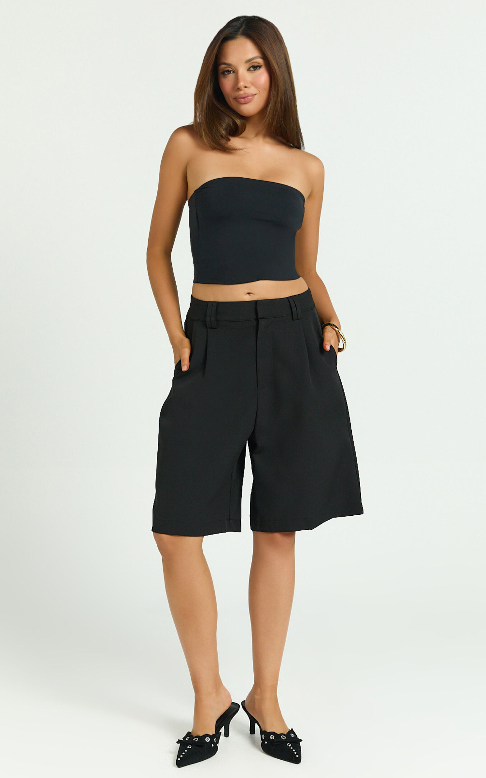 Nola Shorts - Mid Waist Bermuda Relaxed Fit Shorts in Black