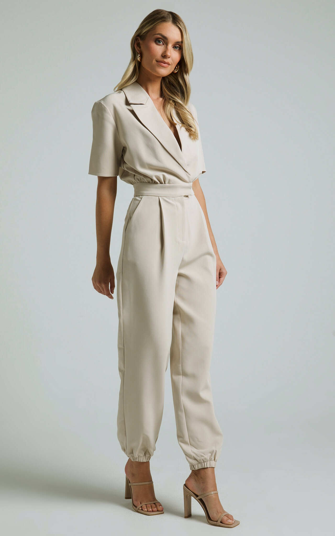 Coco Jumpsuit - Collared Short Sleeve Straight Leg Jumpsuit in Stone
