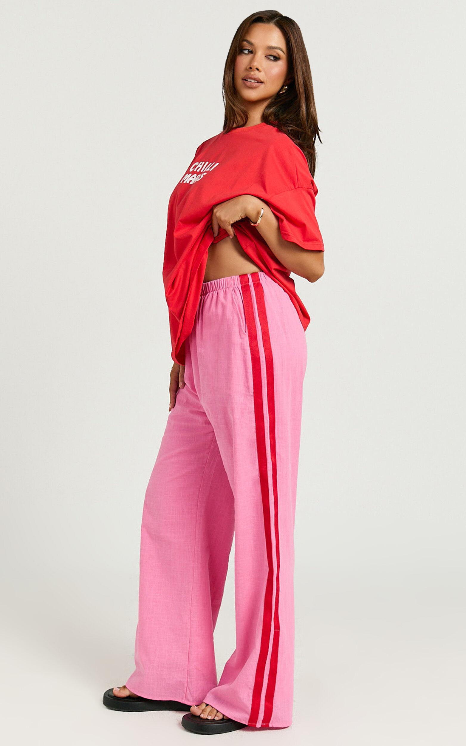 Editha Two Piece Set - Chilli Margs Oversized Tee and Stripe Pant Set in Red/Pink