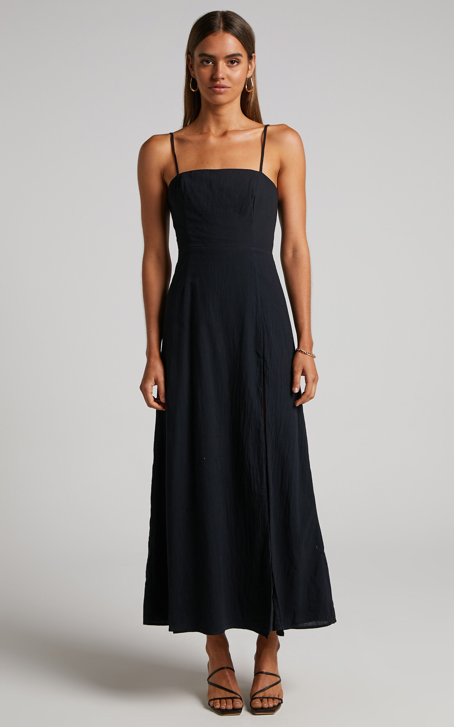 Marsha Midi Linen Dress - High Split Slip Dress in Black