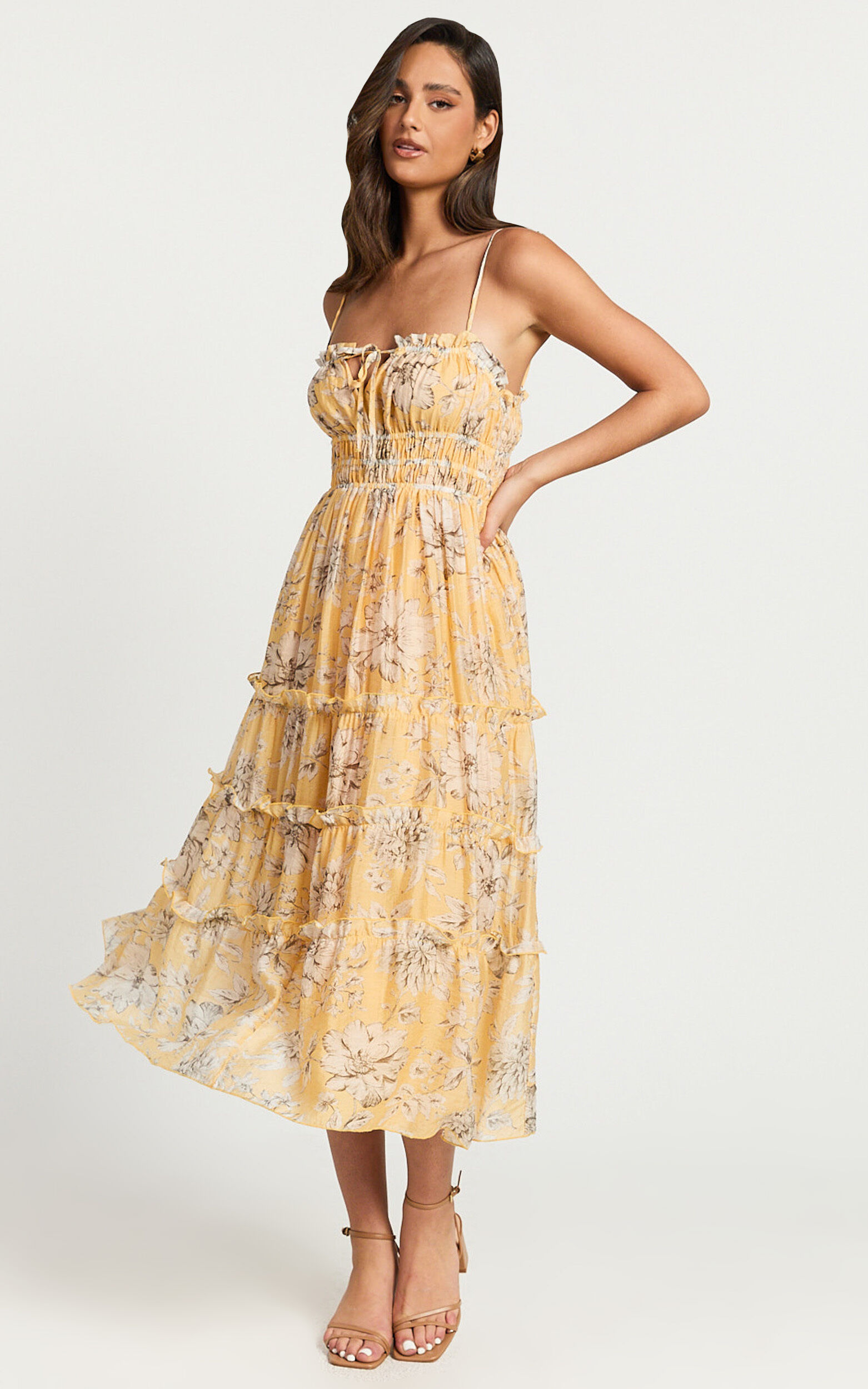 Fran Midi Dress - Ruched Tie Front Tiered Dress in Yellow Floral