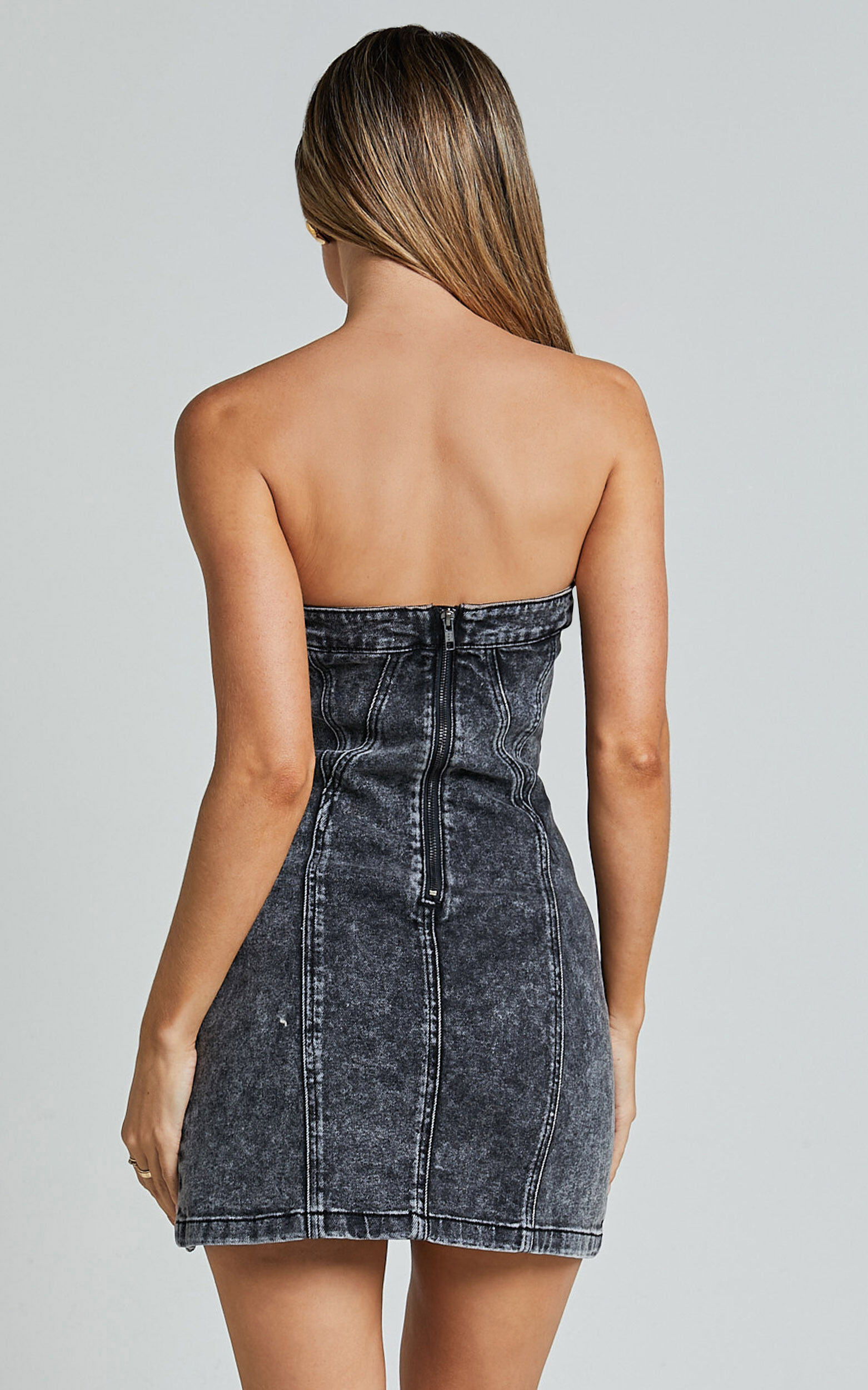 Erline Mini Dress - Asymmetric Strapless Denim Dress in Washed Black