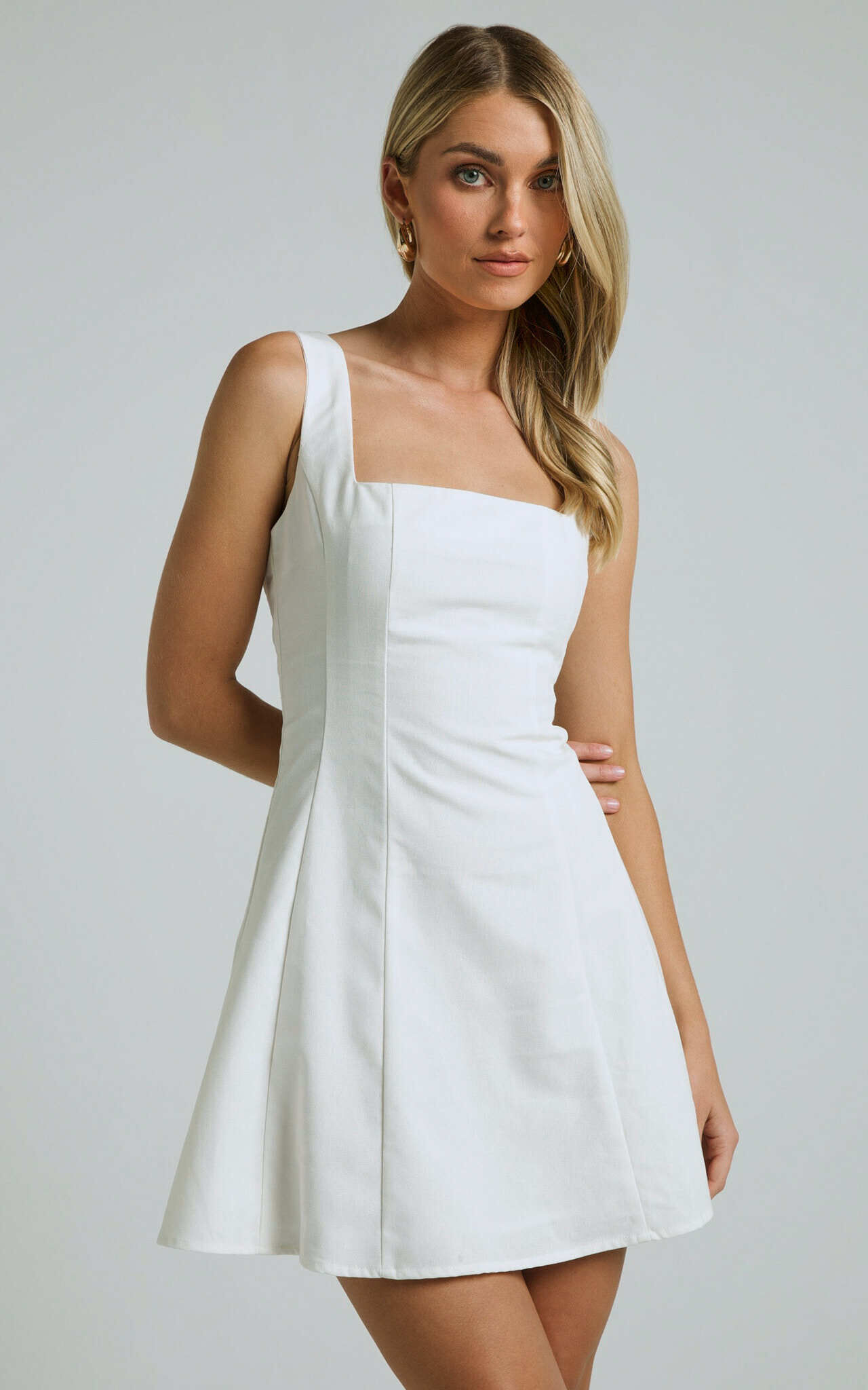 Adiana Mini Dress - Linen Square Neck Shirred Back A Line Dress in Off White