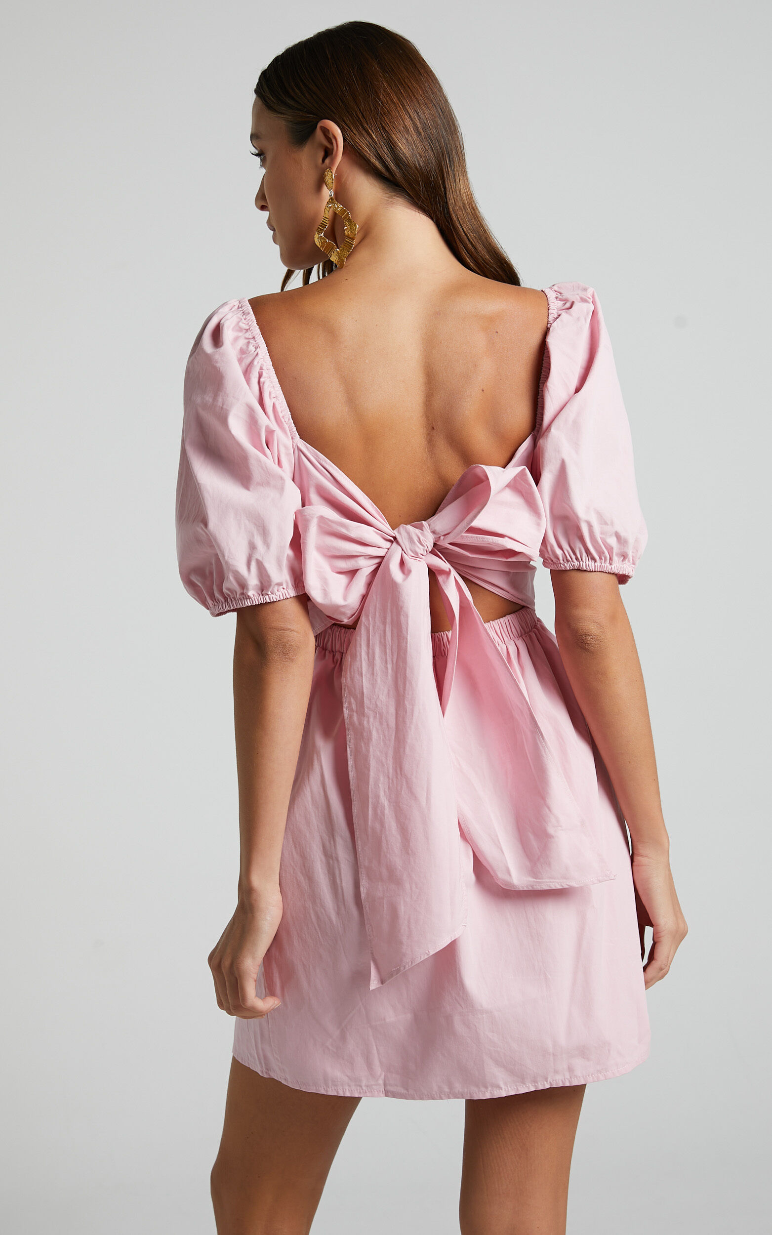 Branson Mini Dress - Short Puff Sleeve Tie Back Dress in Pink