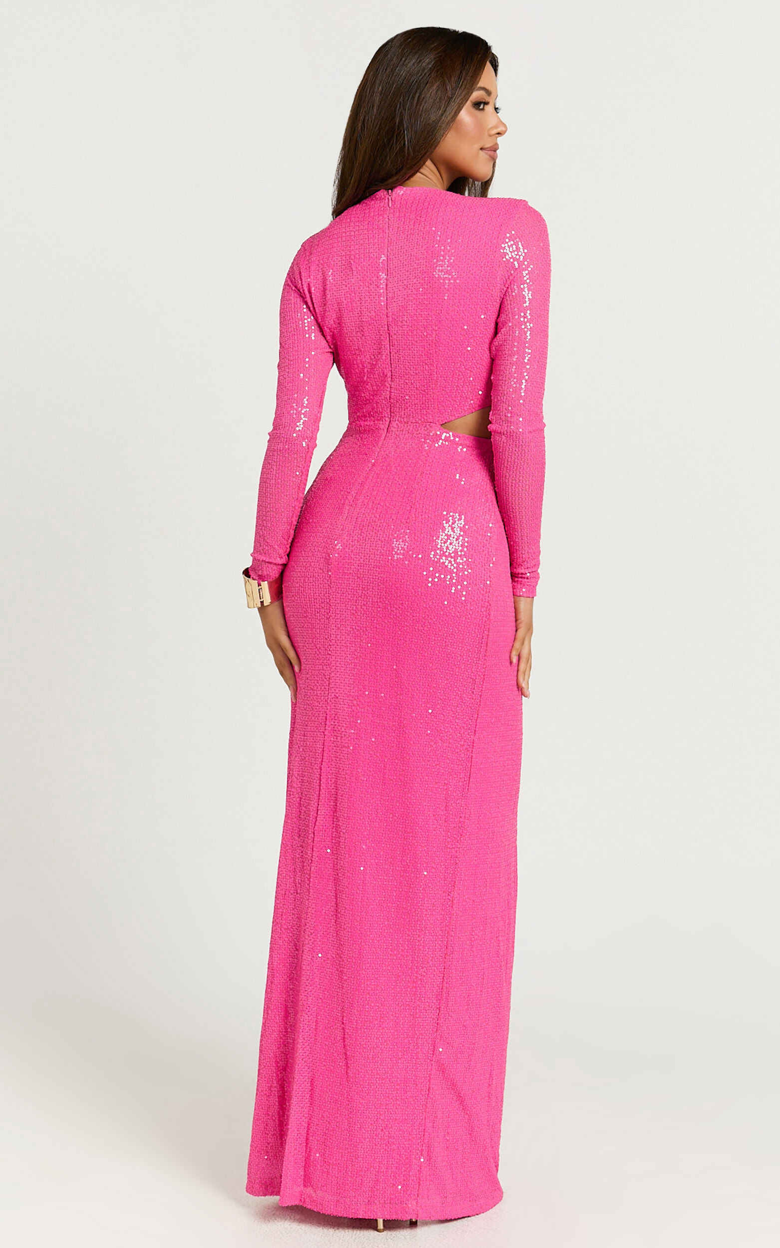 Nerissa Maxi Dress - Sequin Plunge Cut Out Thigh Split Dress in Hot Pink