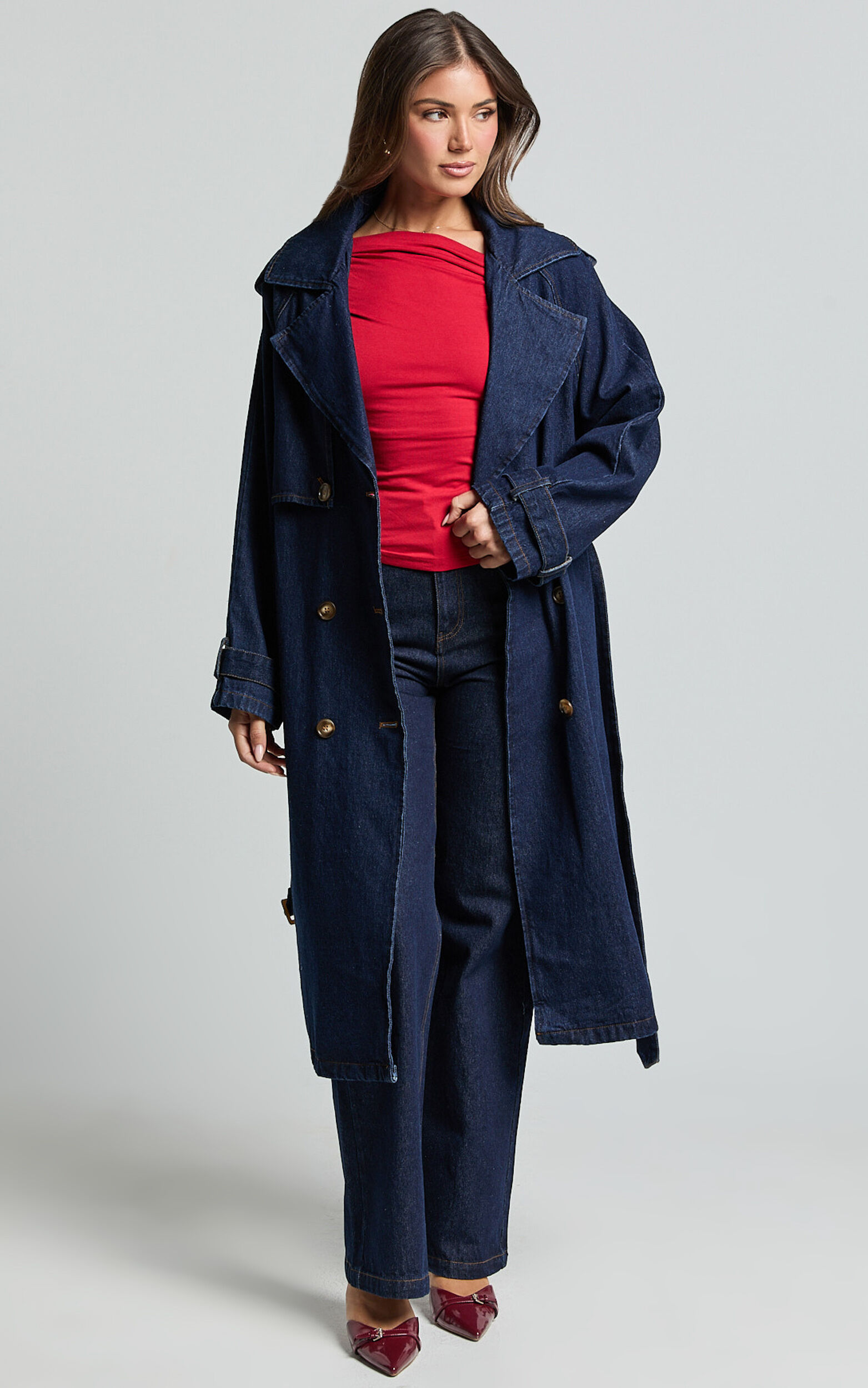 Vinnie Trench Coat - Denim Washed Trench Coat in Dark Blue Wash